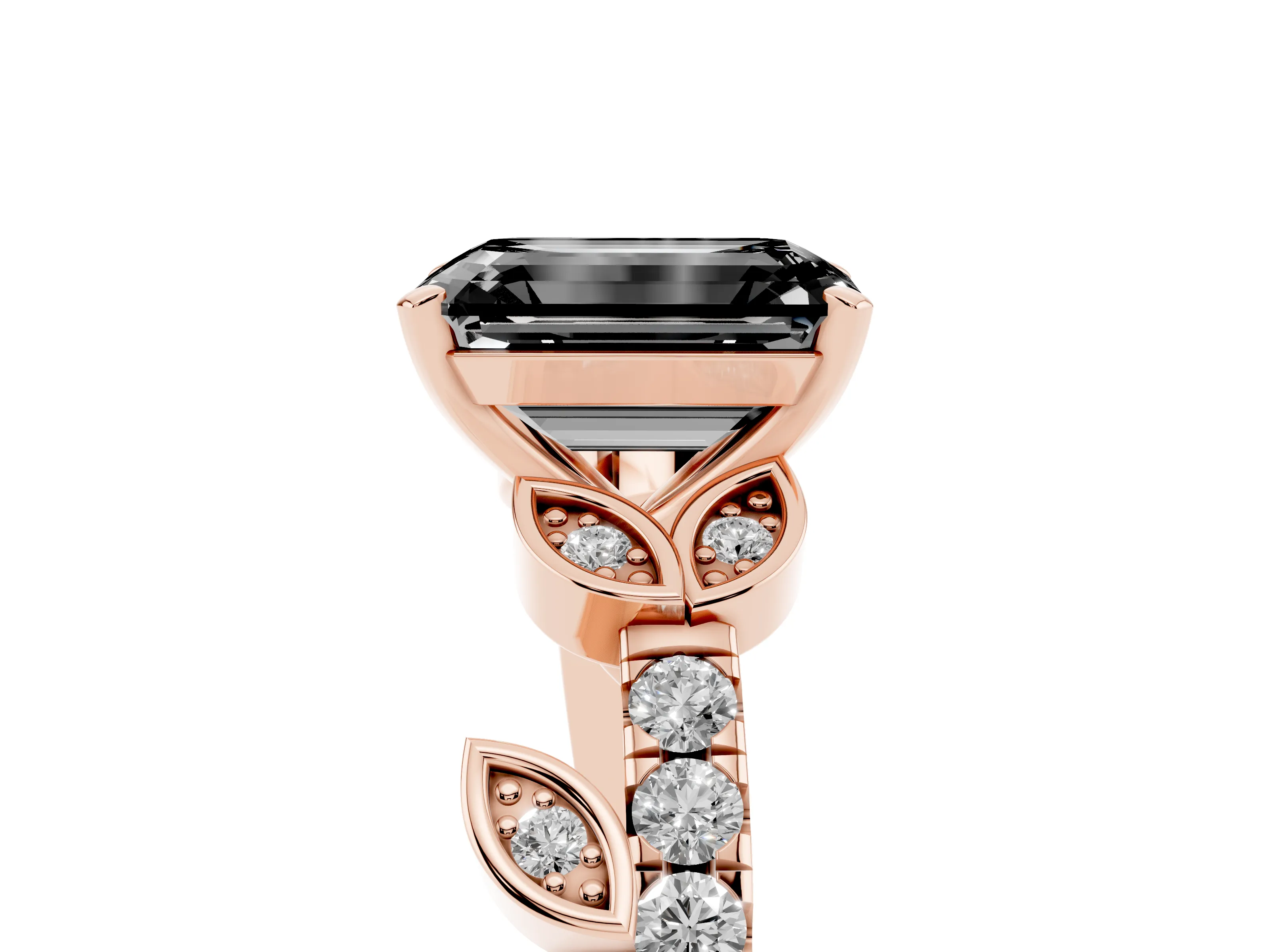 Fancy Black Emerald Cut Diamond Solitaire Leaf-Inspired Ring Set in Rose gold with Pavé Band and Prong Setting
