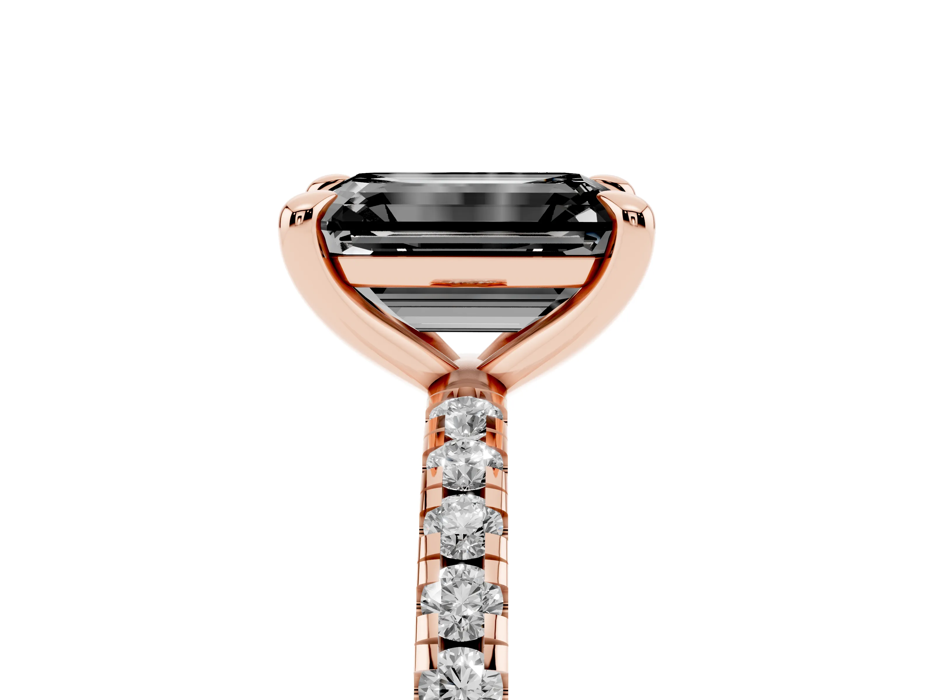 Fancy Black Emerald Cut Diamond Brilliant Solitaire Ring Set in Rose gold with Pavé Band and Prong Setting