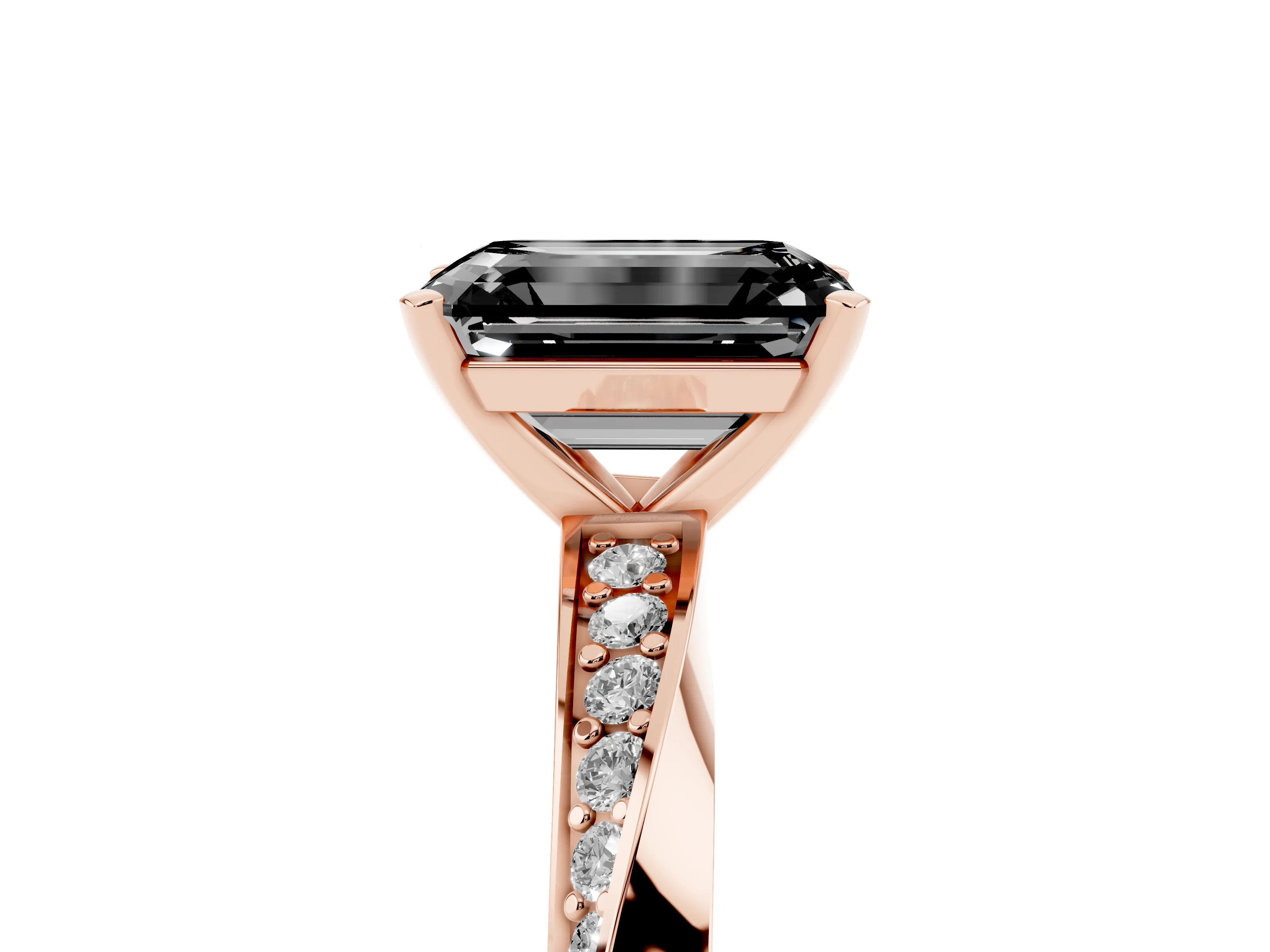 Fancy Black Emerald Cut Diamond Engagement Ring Set in Rose gold with Side Stone Accents and Prong Setting