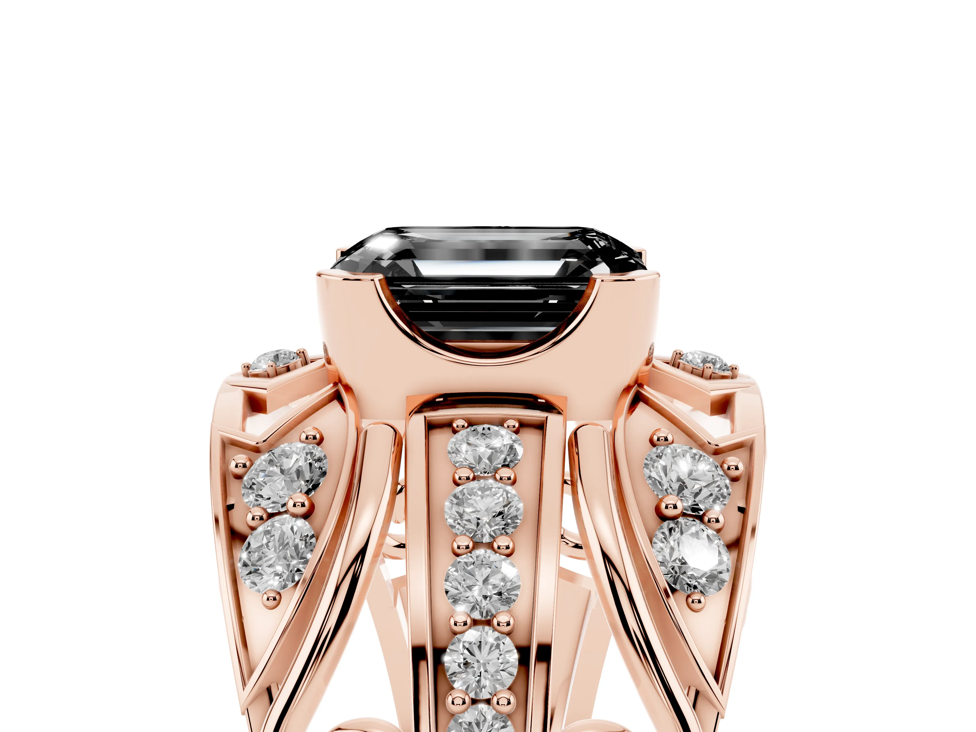 Fancy Black Emerald Cut Diamond Art Deco Ring Set in Rose gold with Pavé Split Shank