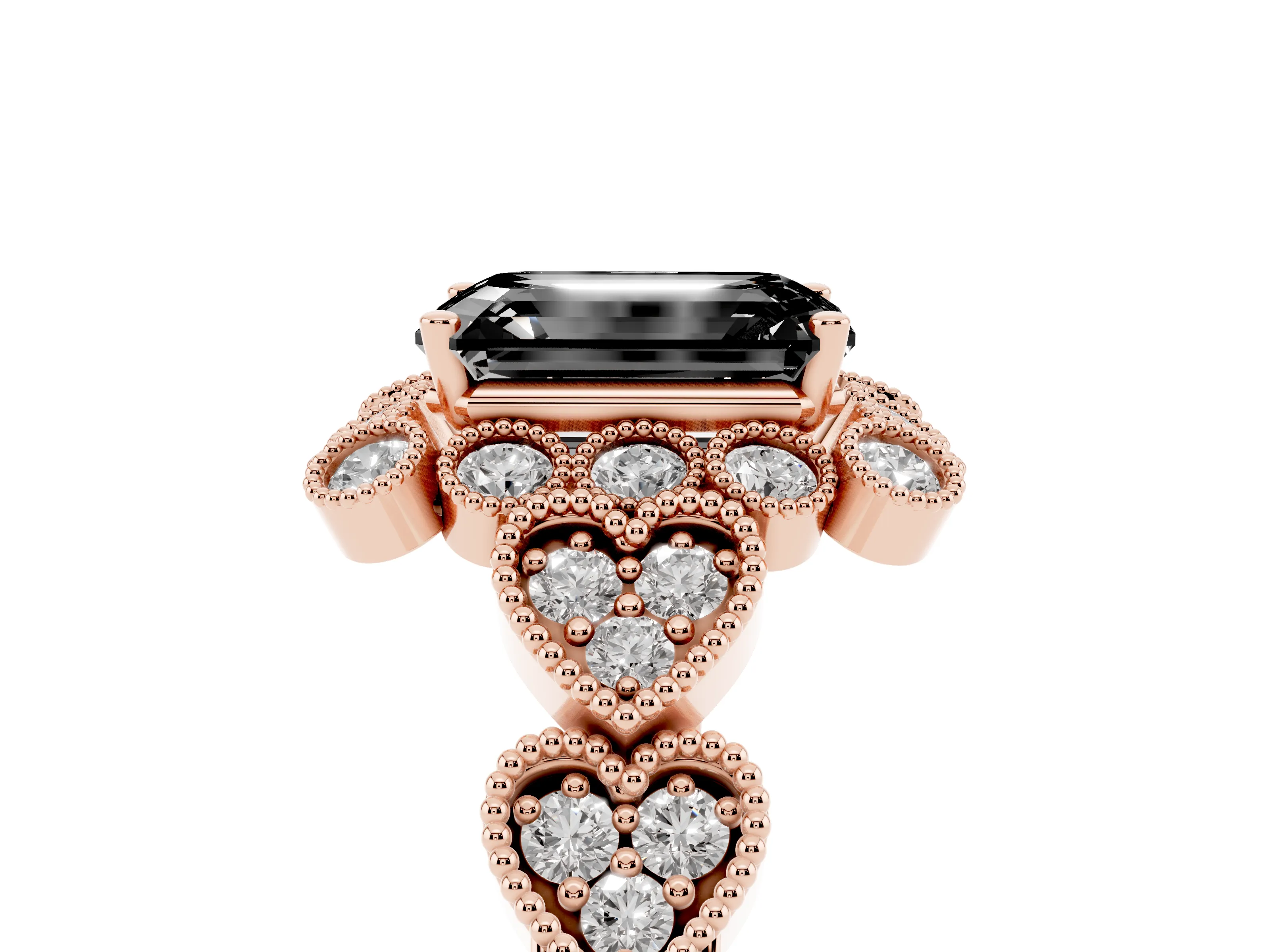 Fancy Black Emerald Cut Diamond Solitaire Ring Set in Rose gold with Milgrain Pavé Heart Band