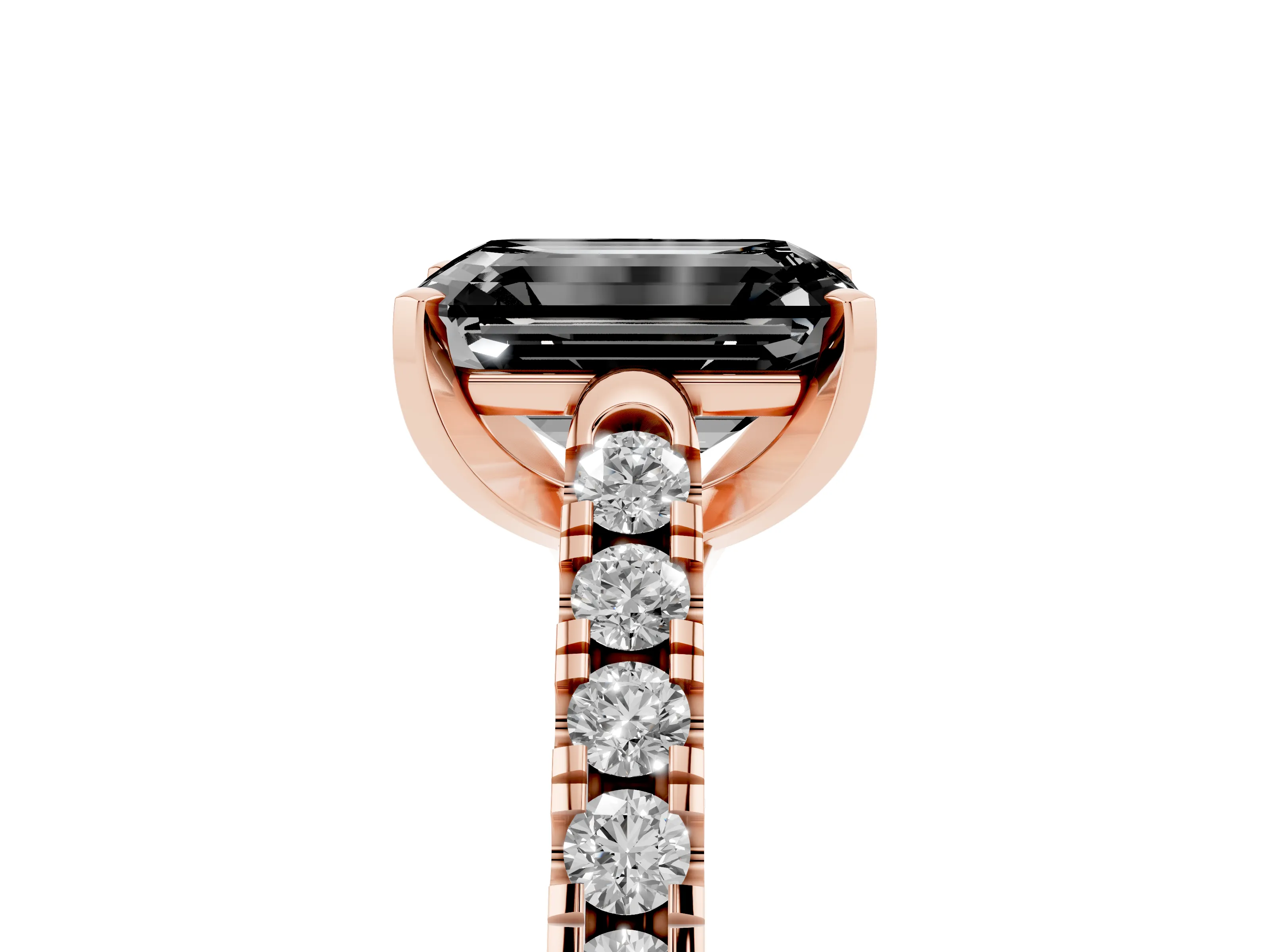 Fancy Black Emerald Cut Diamond Pavé Band Solitaire Ring Set in Rose gold with Partway Accent Stones and Prong Setting