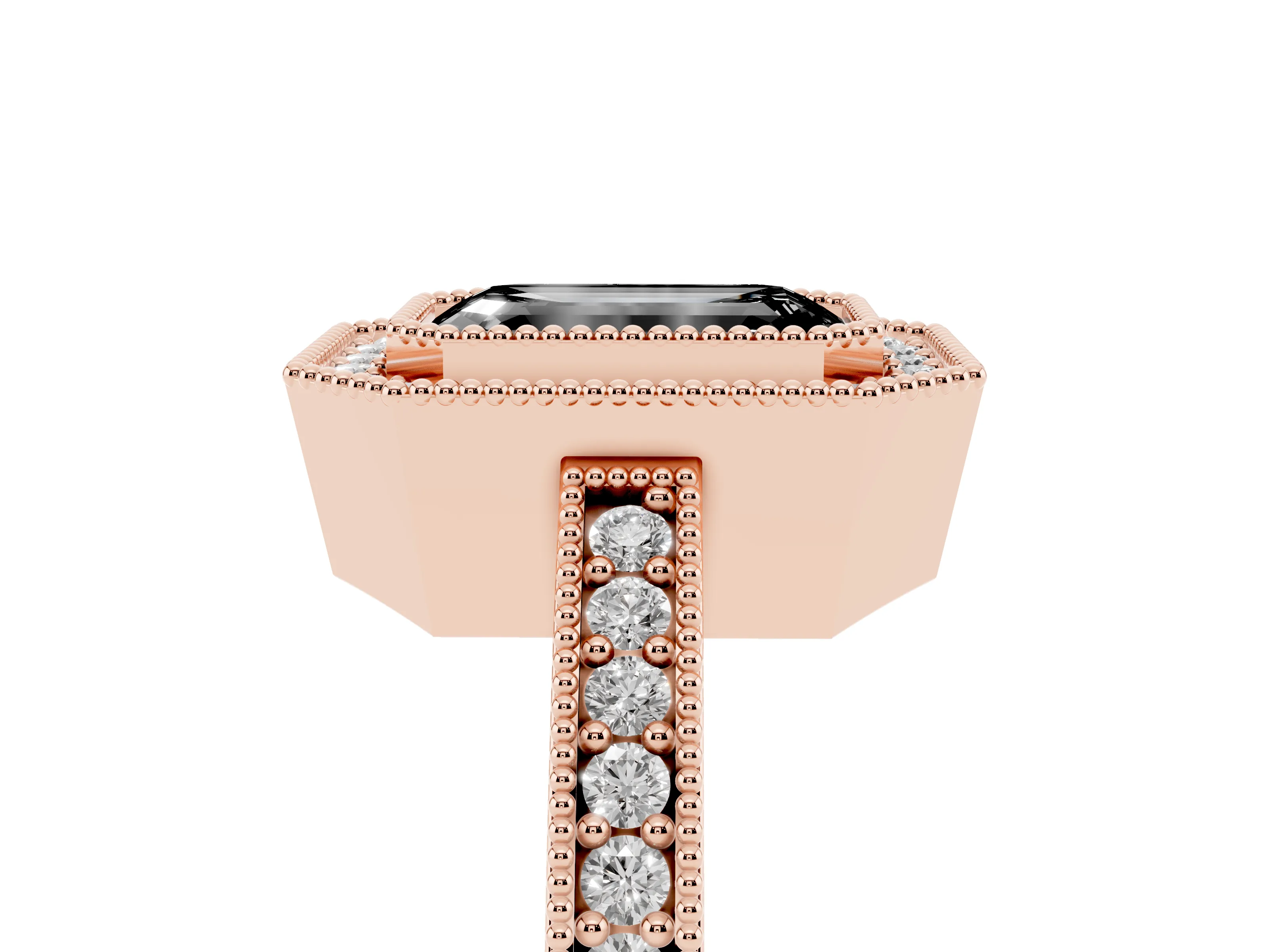 Fancy Black Emerald Cut Diamond Halo Engagement Ring Set in Rose gold with Pavé Band and Round Halo Stones