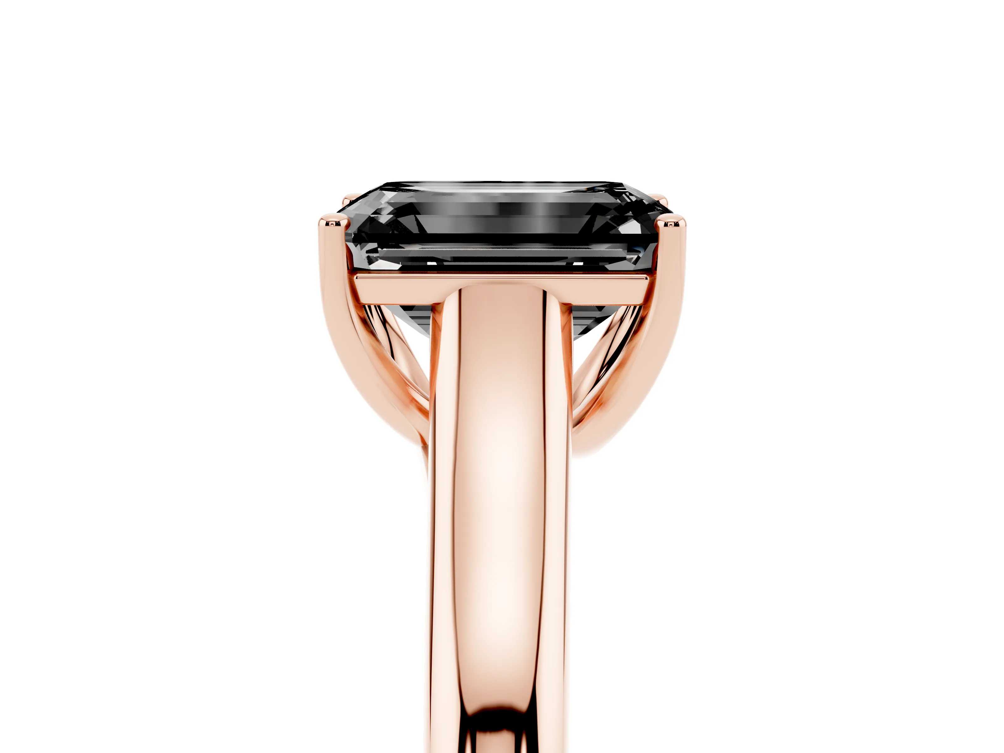 Fancy Black Emerald Cut Diamond Solitaire Engagement Ring Set in Rose gold with Subtly Tapered Band and Prong Setting