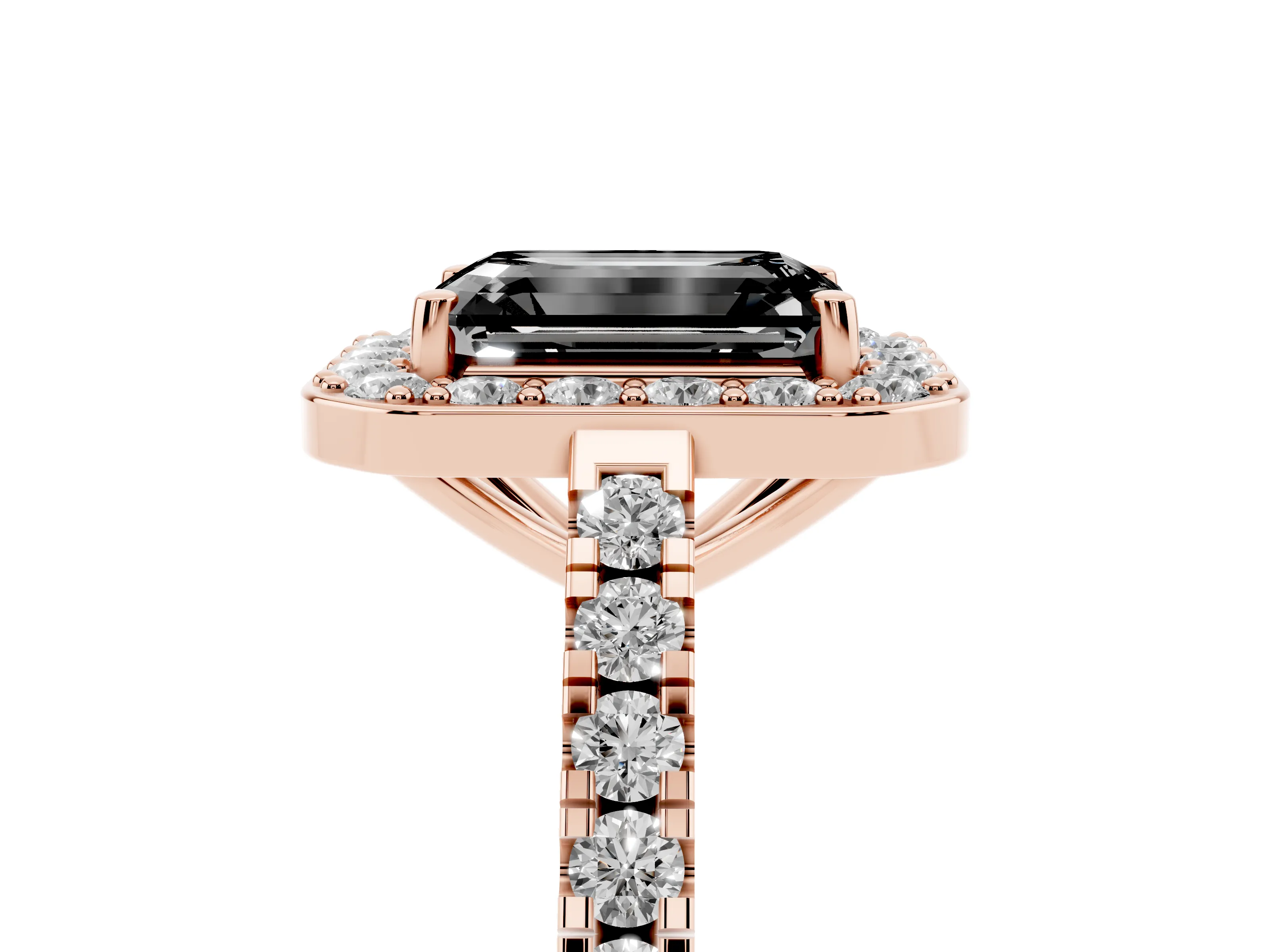 Fancy Black Emerald Cut Diamond Halo Ring Set in Rose gold with Round Pavé Split Shank and Prong Setting