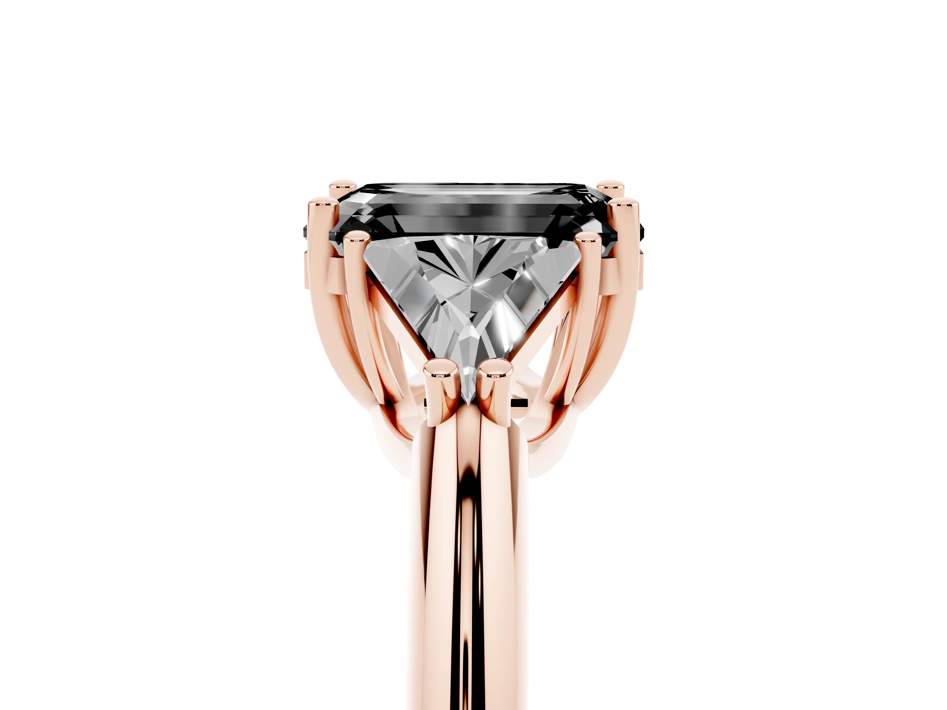 Fancy Black Emerald Cut Diamond Three-Stone Engagement Ring Set in Rose gold with Trillion Side Stones