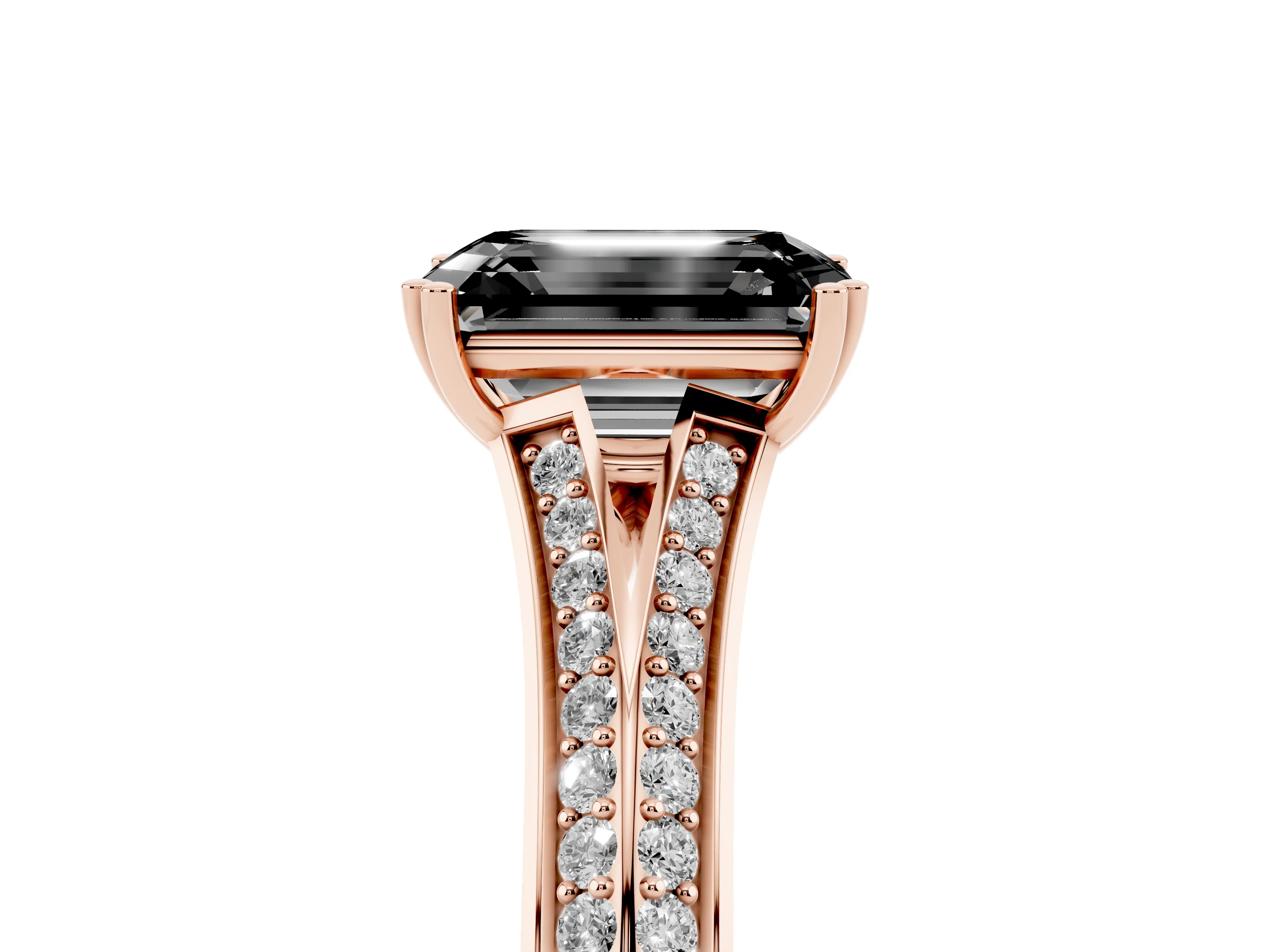 Fancy Black Emerald Cut Diamond Split Shank Pavé Engagement Ring Set in Rose gold with Prong-Set Center Stone
