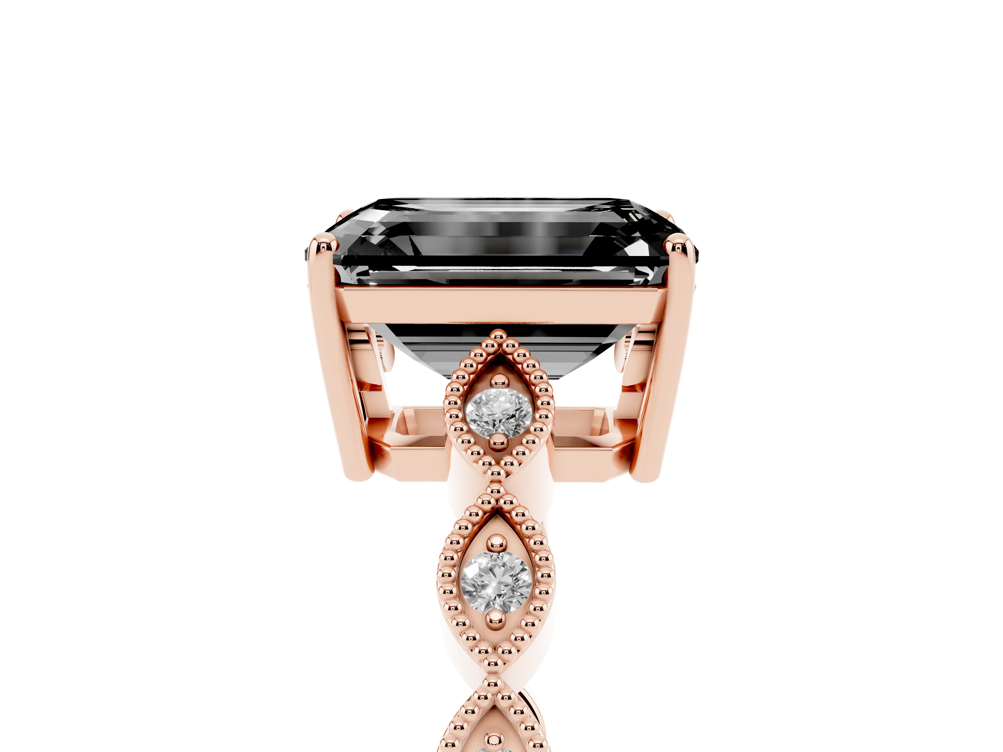 Fancy Black Emerald Cut Diamond Solitaire Ring Set in Rose gold with Infinity Twist Pavé Band
