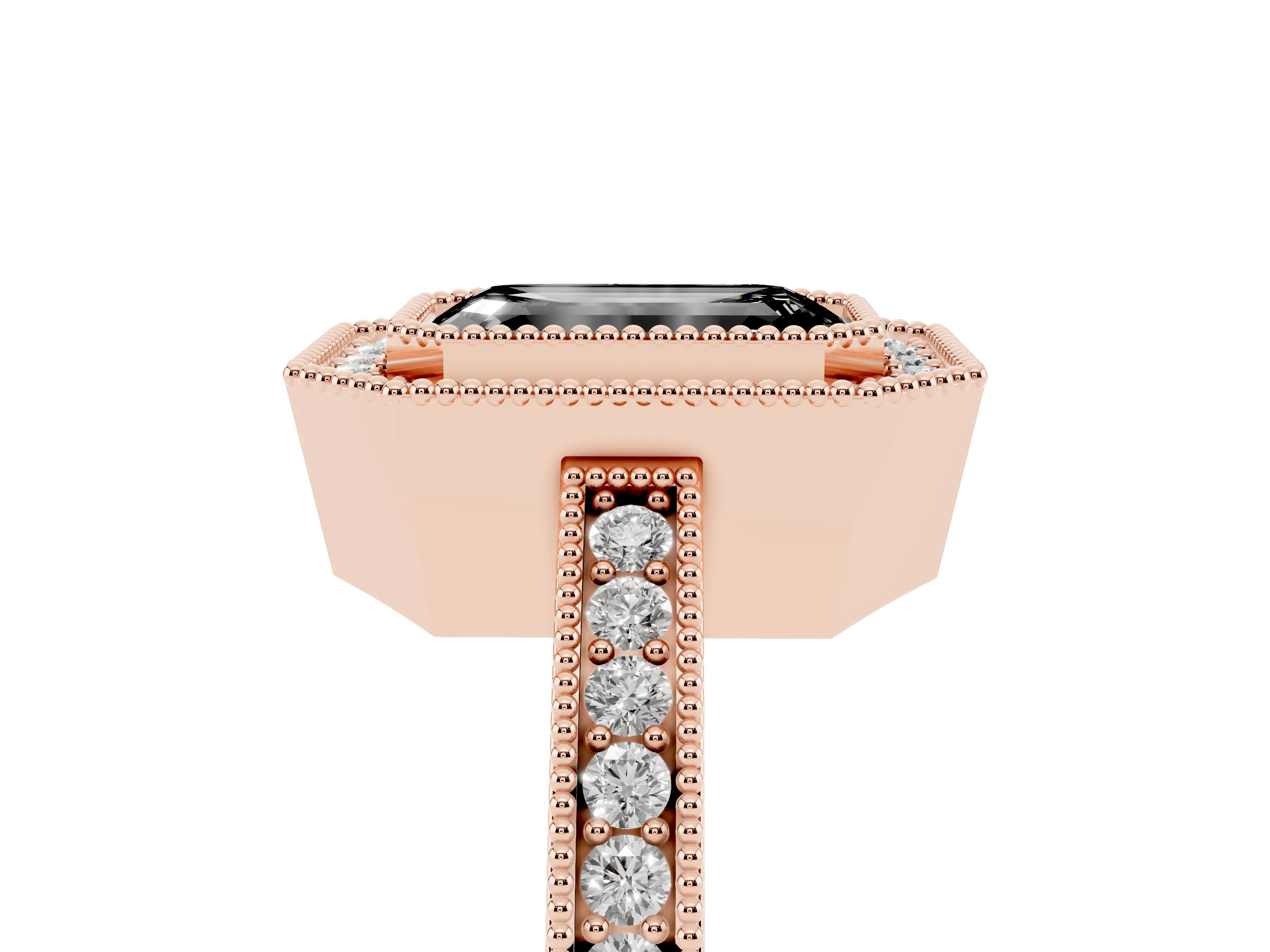 Fancy Black Emerald Cut Diamond Round Halo Ring Set in Rose gold with Pavé Band