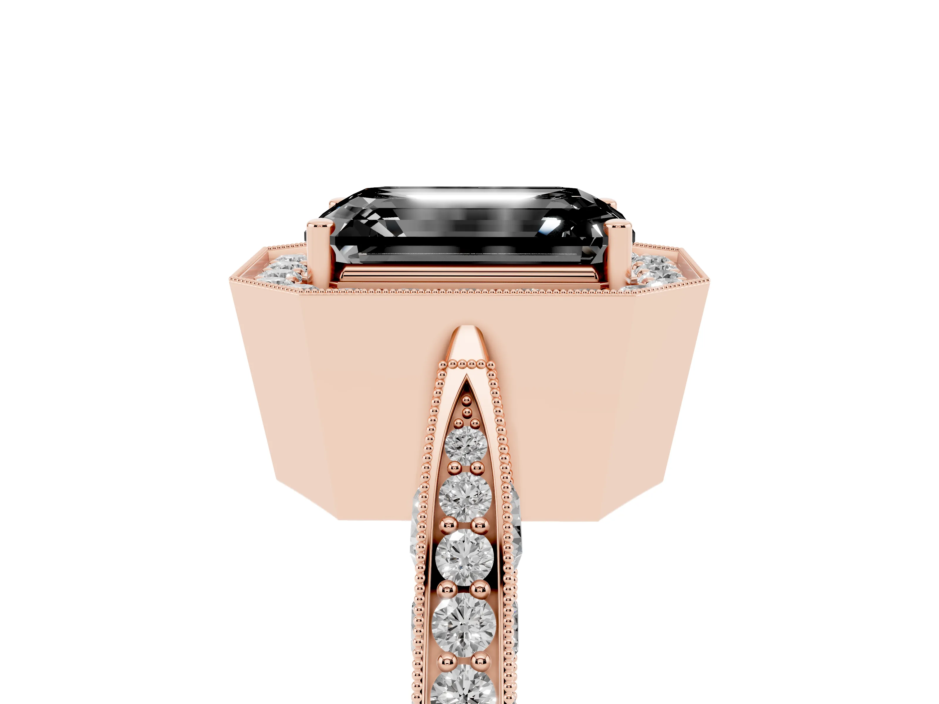 Fancy Black Emerald Cut Diamond Halo Engagement Ring Set in Rose gold with Accent Split Shank Band