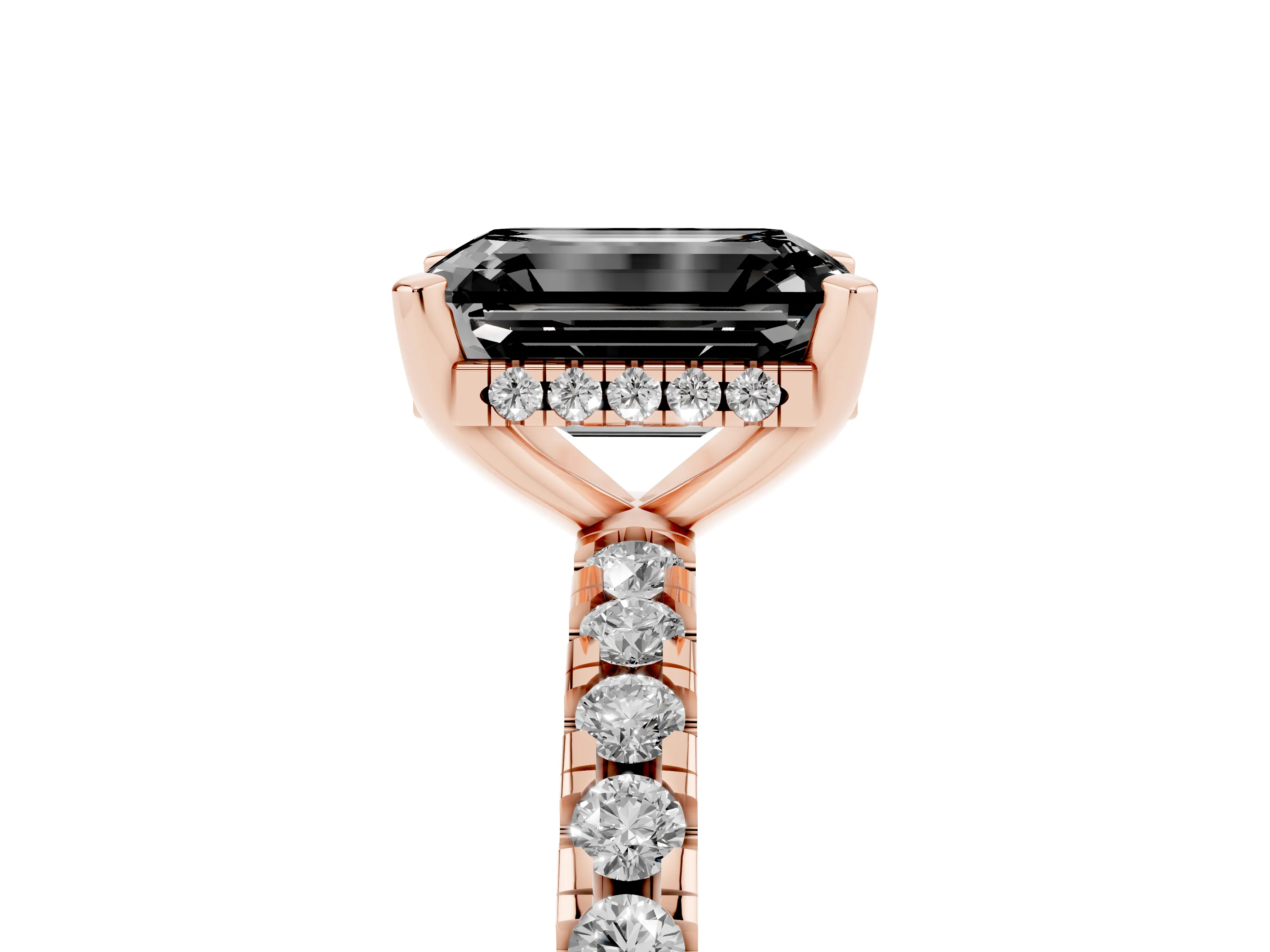 Fancy Black Emerald Cut Diamond Pavé Solitaire Ring Set in Rose gold with Round Band Accents and Prong Setting
