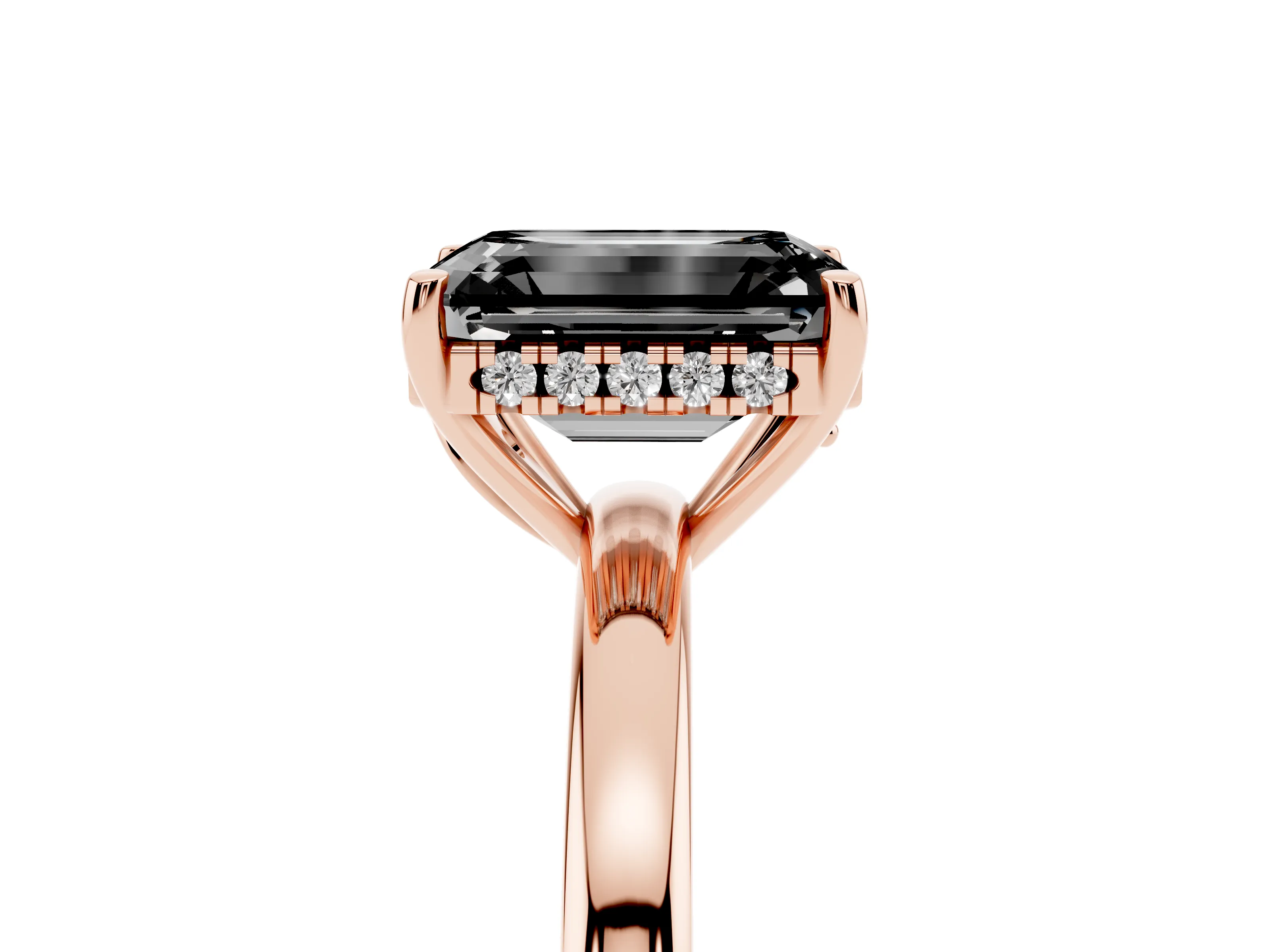Fancy Black Emerald Cut Diamond Solitaire Ring Set in Rose gold with Plain Band and Prong Setting
