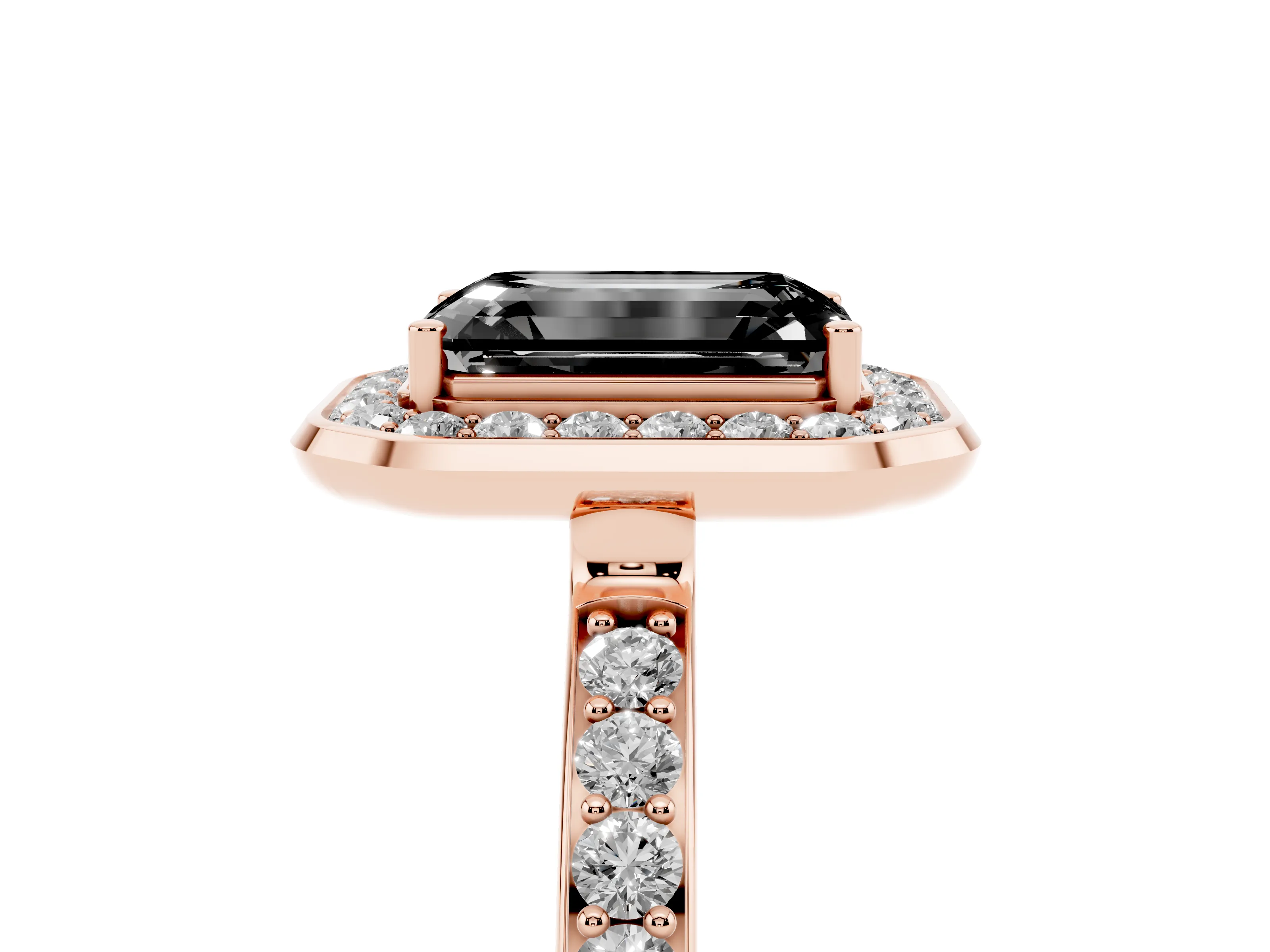 Fancy Black Emerald Cut Diamond Halo Ring Set in Rose gold with Bezel Frame and Pavé Band