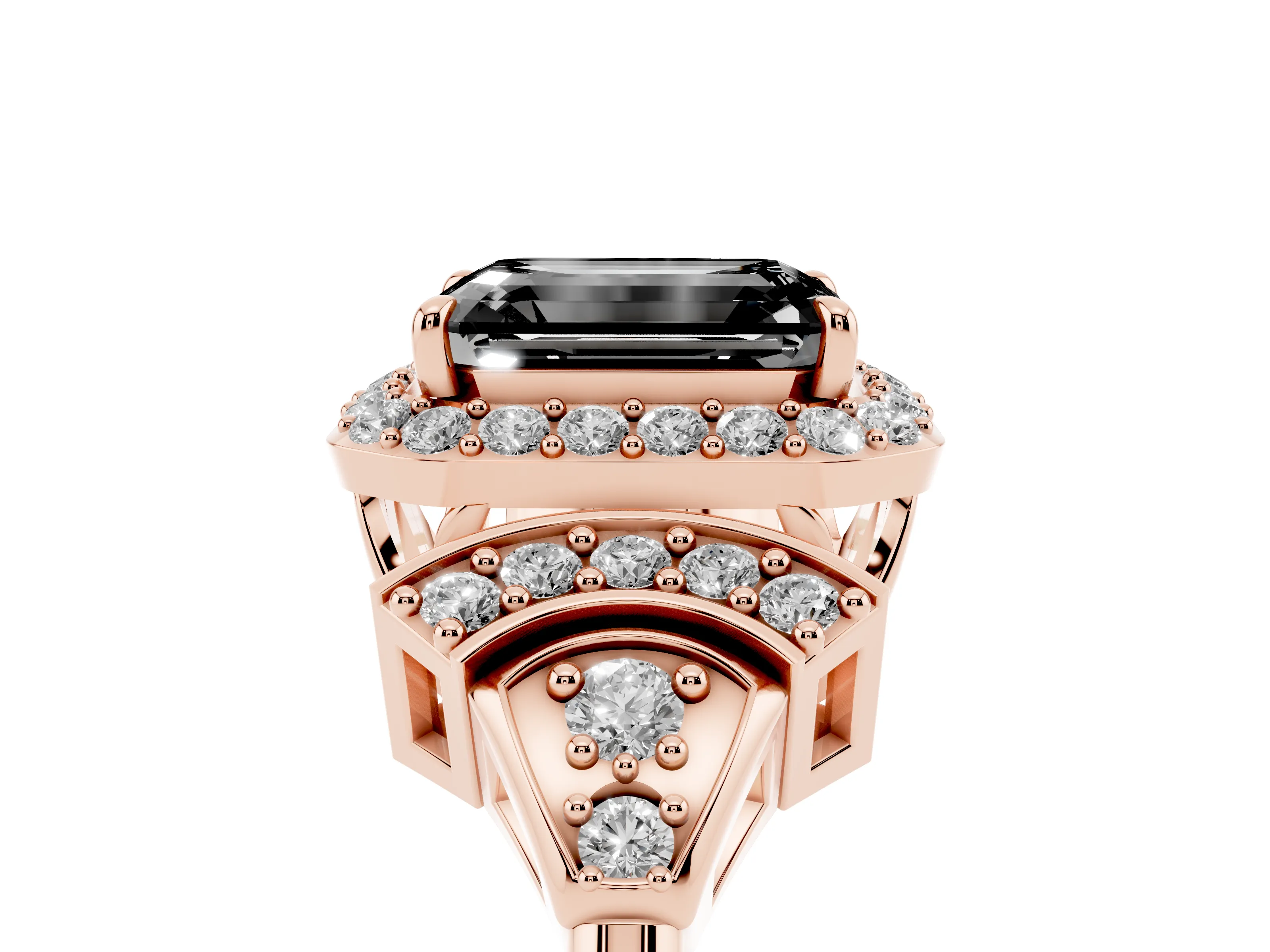 Fancy Black Emerald Cut Diamond Halo Engagement Ring Set in Rose gold with Accent Stone Split Shank