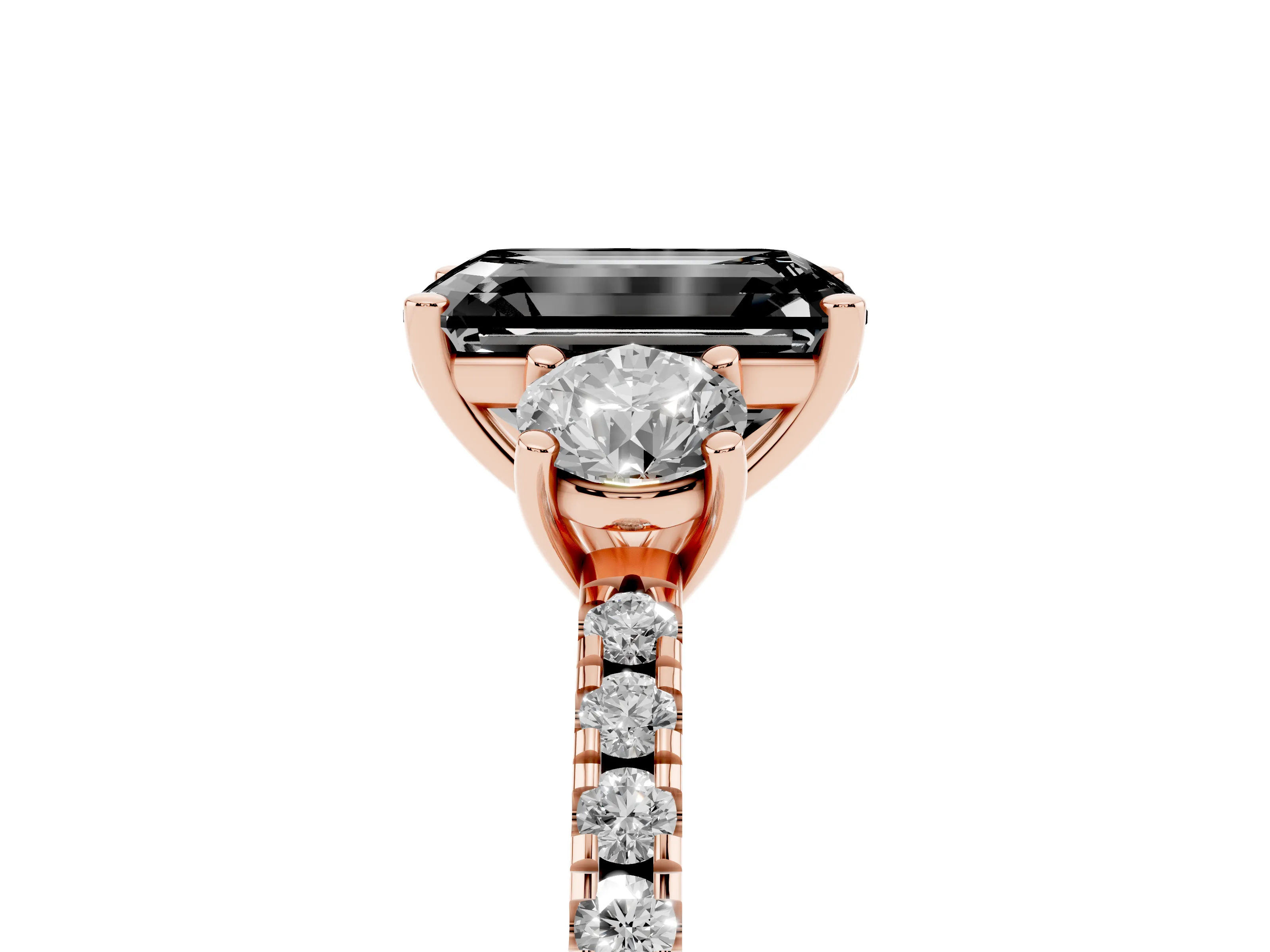 Fancy Black Emerald Cut Diamond Three-Stone Ring Set in Rose gold with Pavé Band and Graduated Sides