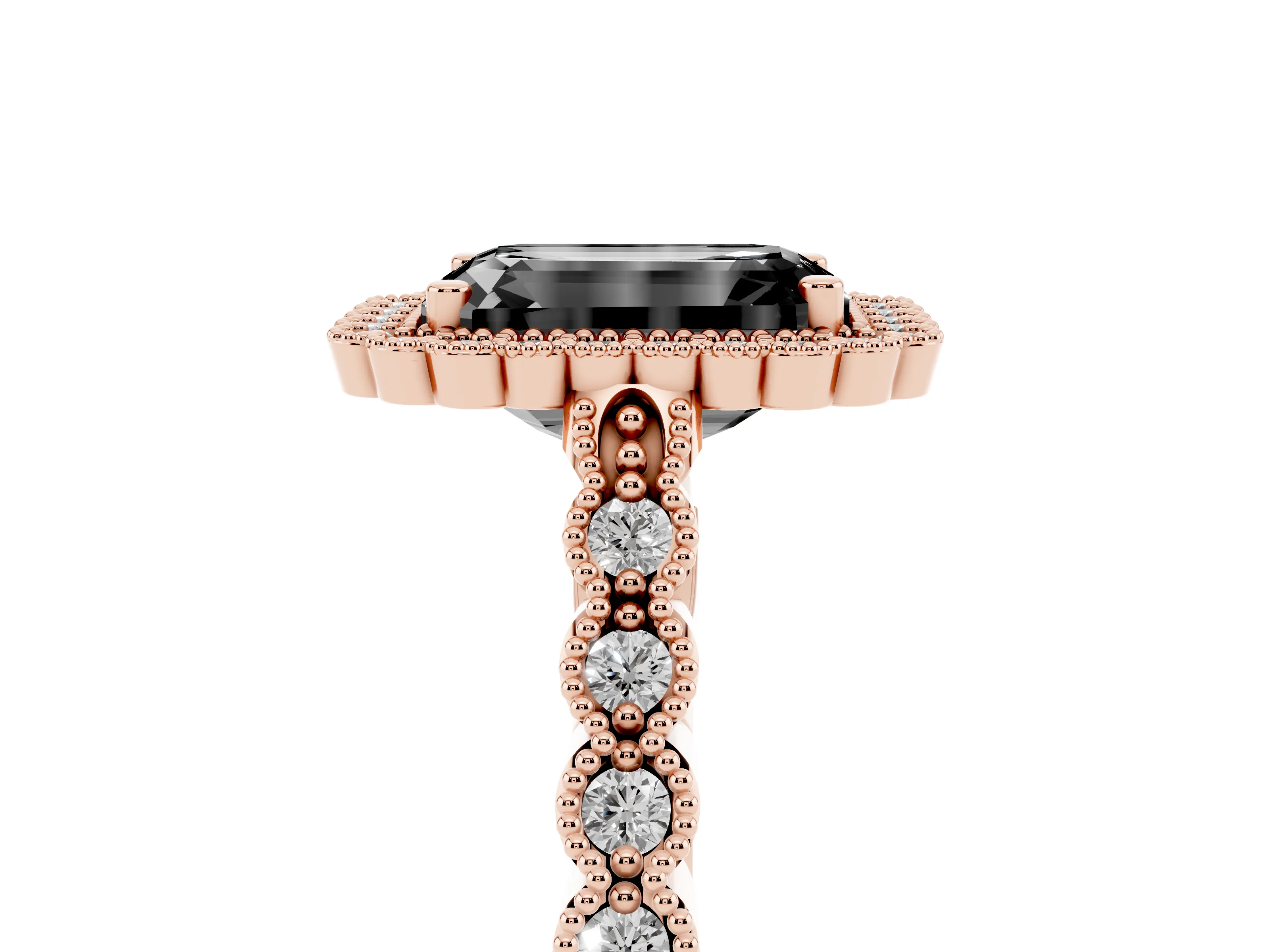 Fancy Black Emerald Cut Diamond Halo Ring Set in Rose gold with Pavé Milgrain Band