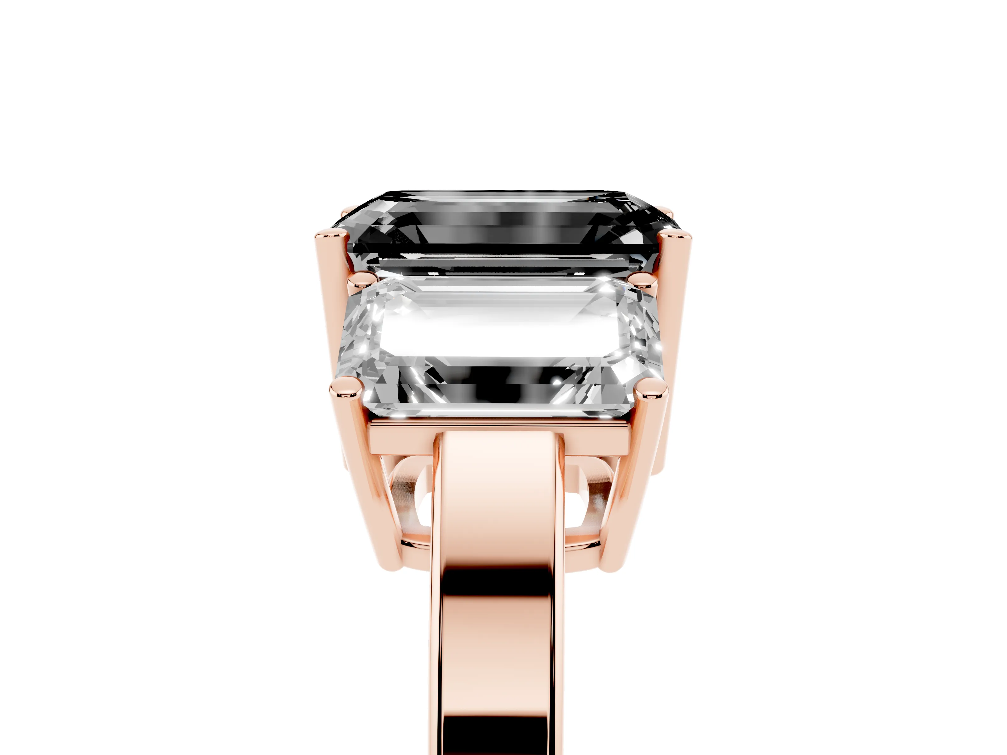 Fancy Black Emerald Cut Diamond Three-Stone Engagement Ring Set in Rose gold with Flat Band