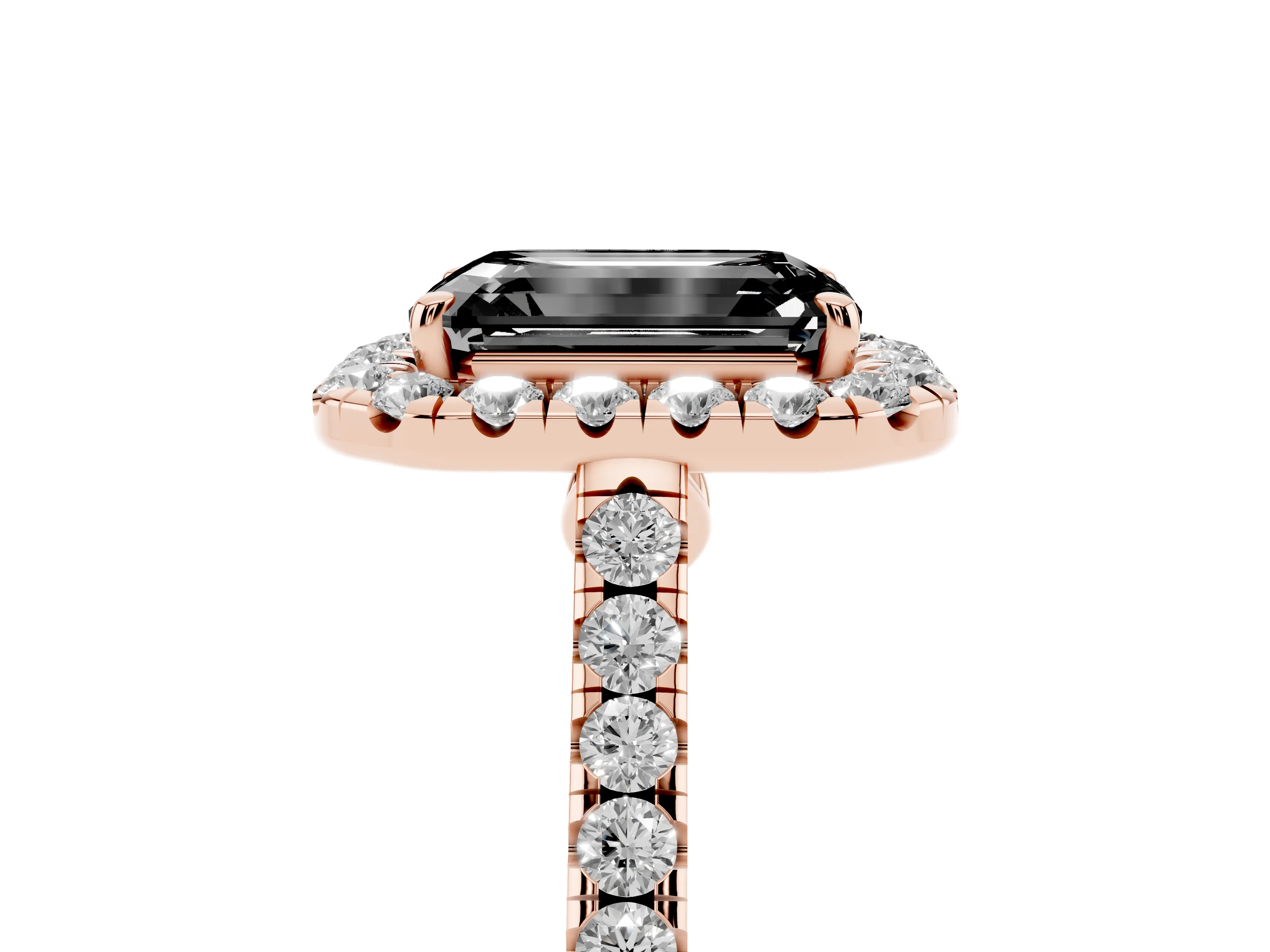 Fancy Black Emerald Cut Diamond Halo Pavé Engagement Ring Set in Rose gold with Prong Setting