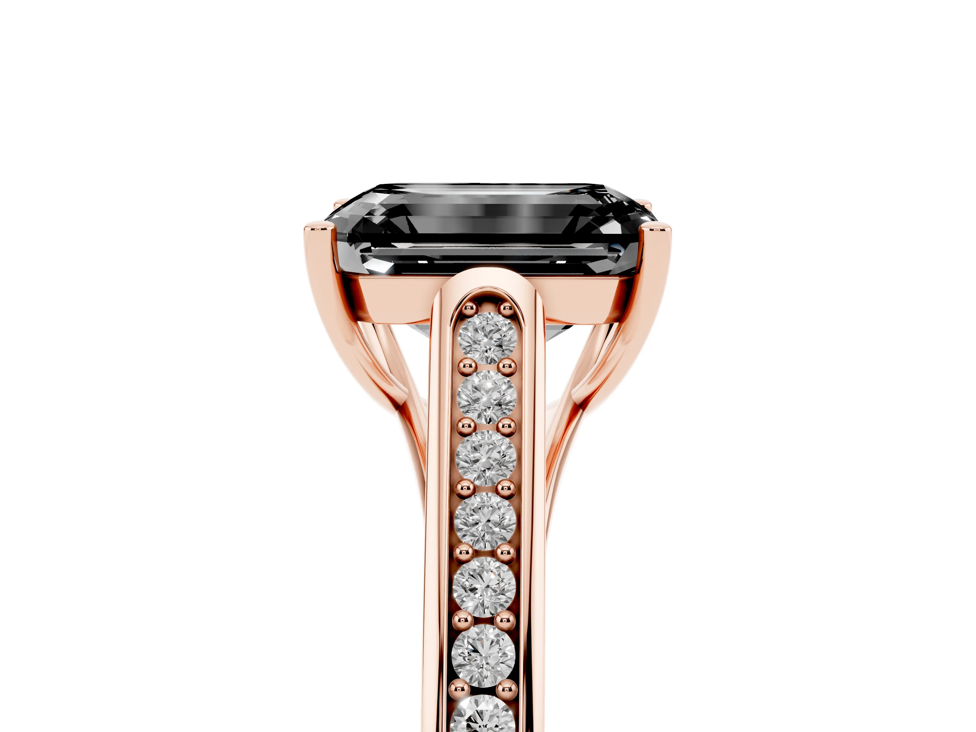Fancy Black Emerald Cut Diamond Solitaire Cathedral Engagement Ring Set in Rose gold with Channel-Set Band and Prong Setting