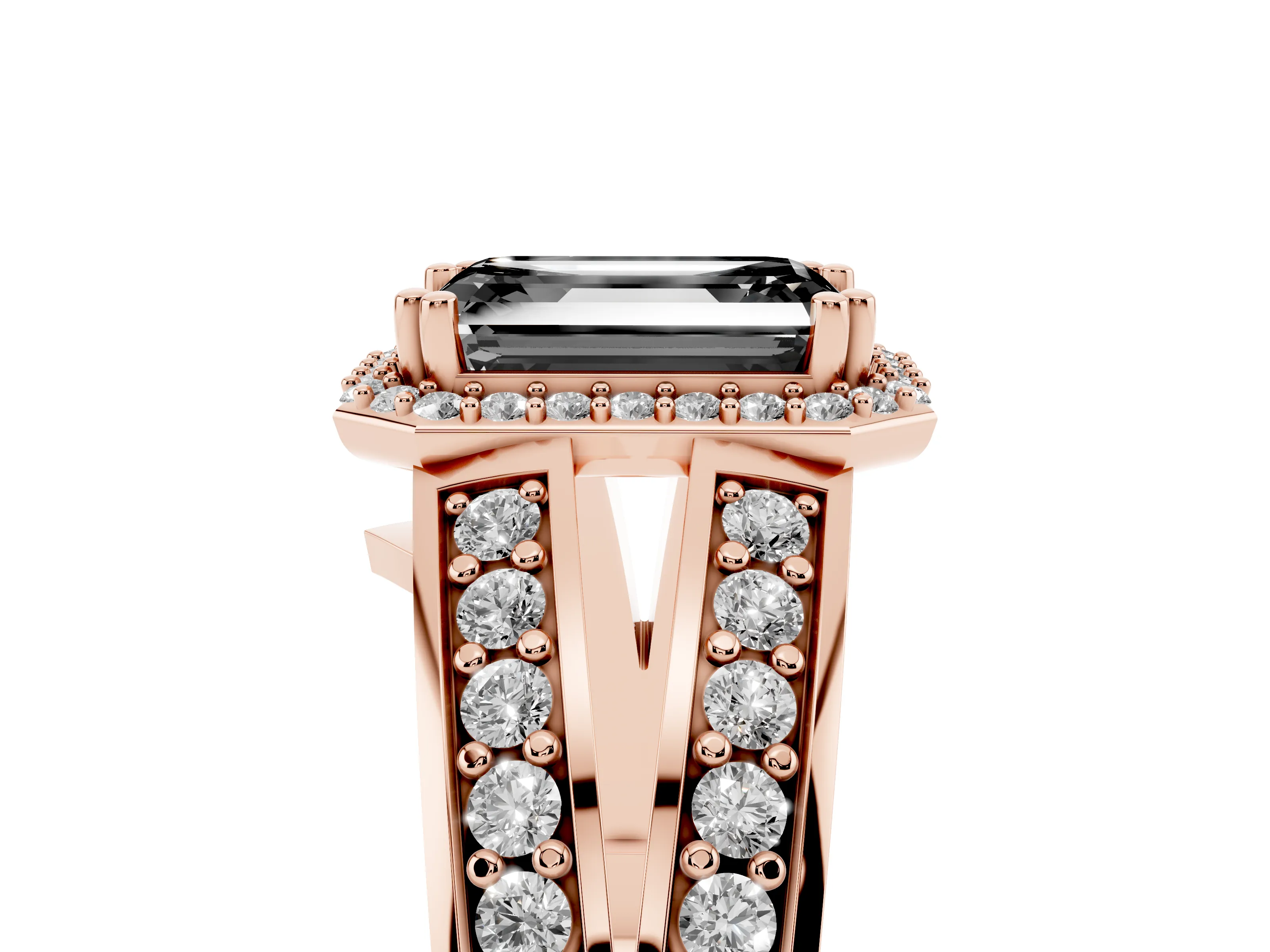 Fancy Black Emerald Cut Diamond Halo Ring Set in Rose gold with Double Pavé Split Shank