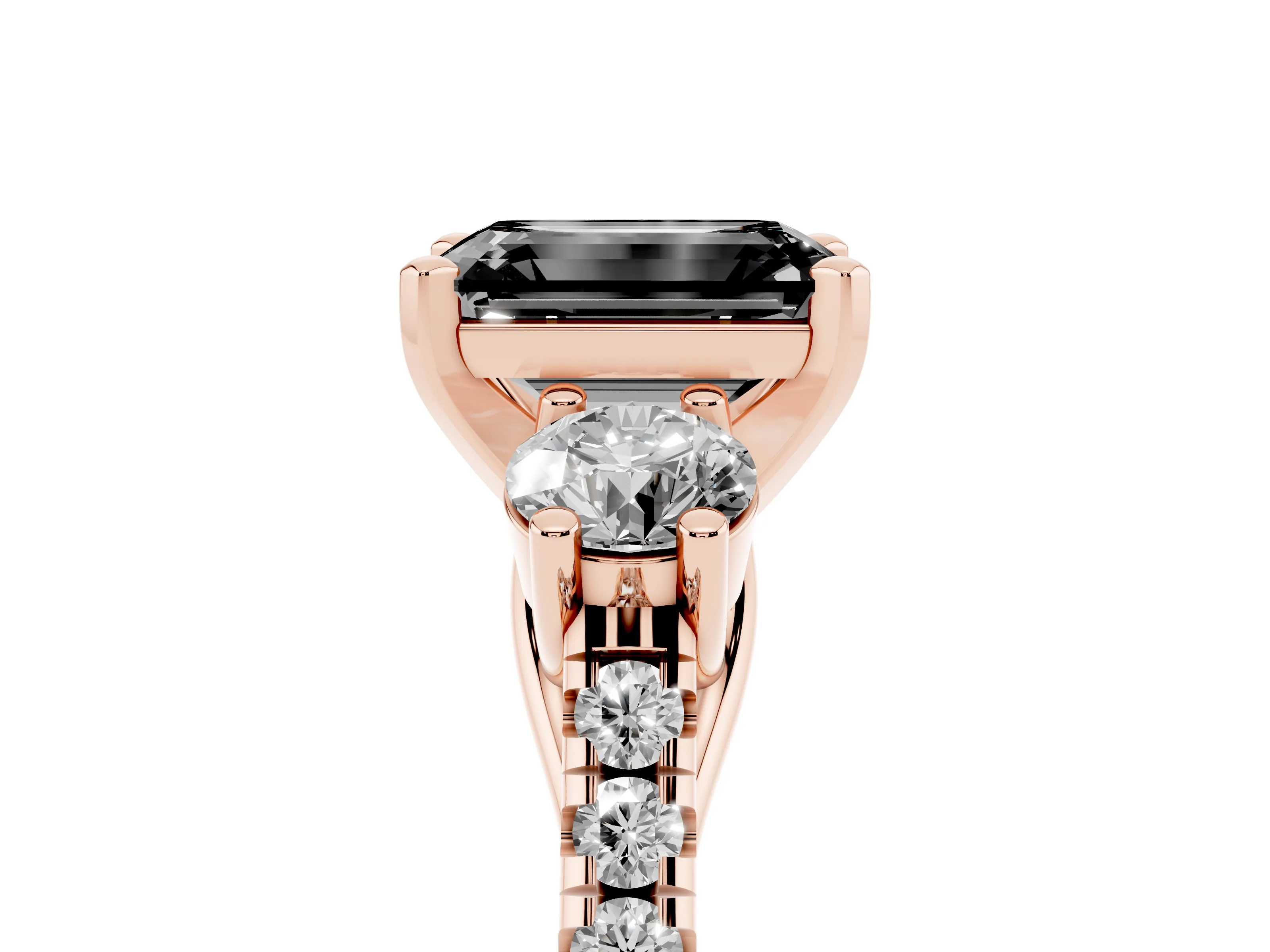 Fancy Black Three-Stone Emerald Cut Diamond Pavé Band Ring Set in Rose gold with Prong-Set Trio