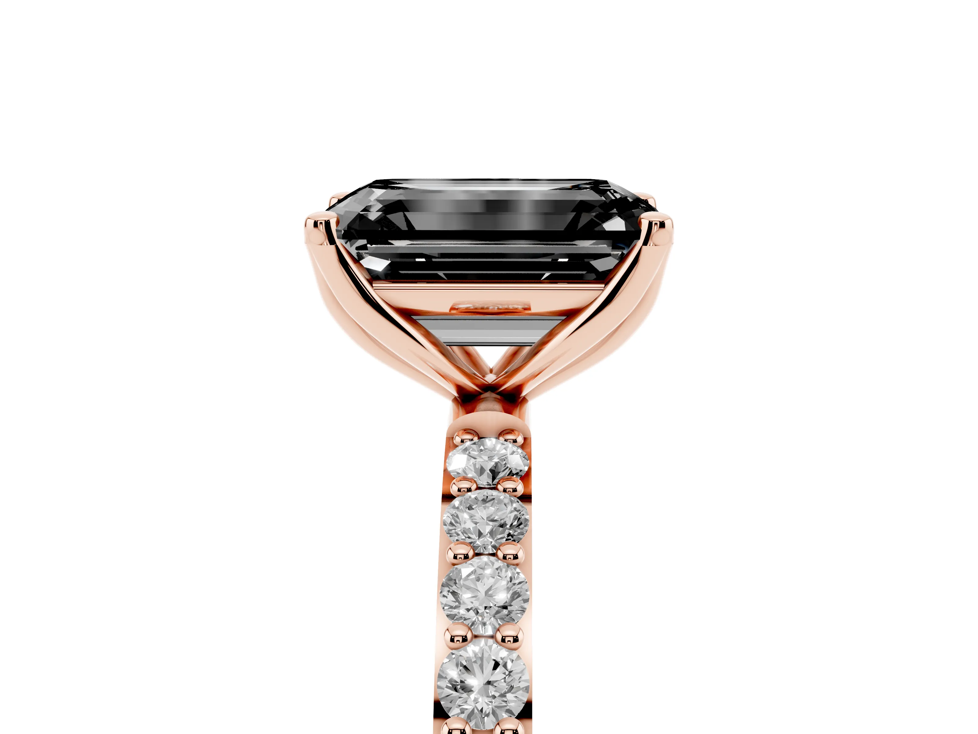Fancy Black Emerald Cut Diamond Solitaire Engagement Ring Set in Rose gold with Round Pavé Band and Prong Setting