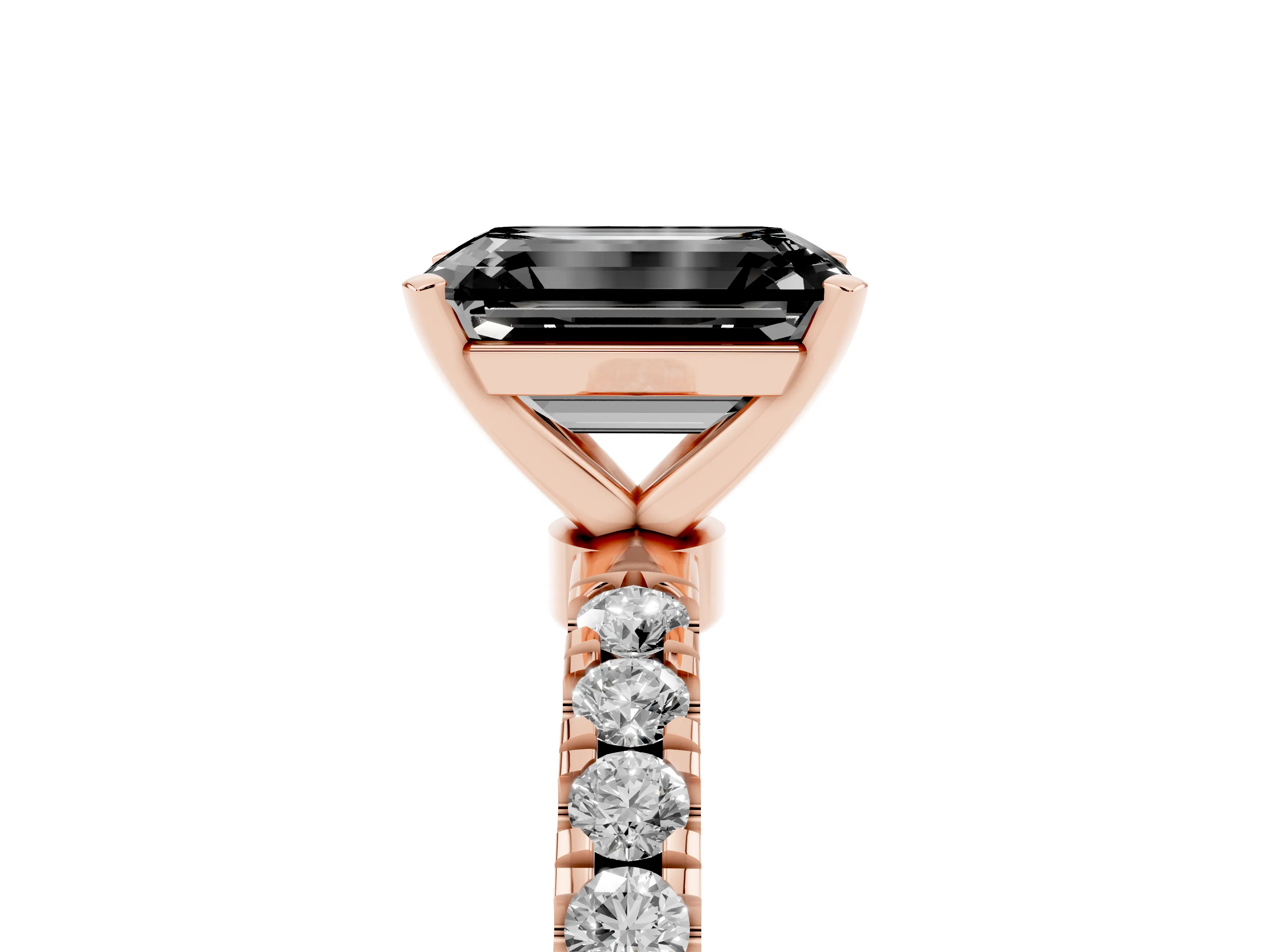 Fancy Black Emerald Cut Diamond Solitaire Ring Set in Rose gold with Pavé Accents and Prong Setting