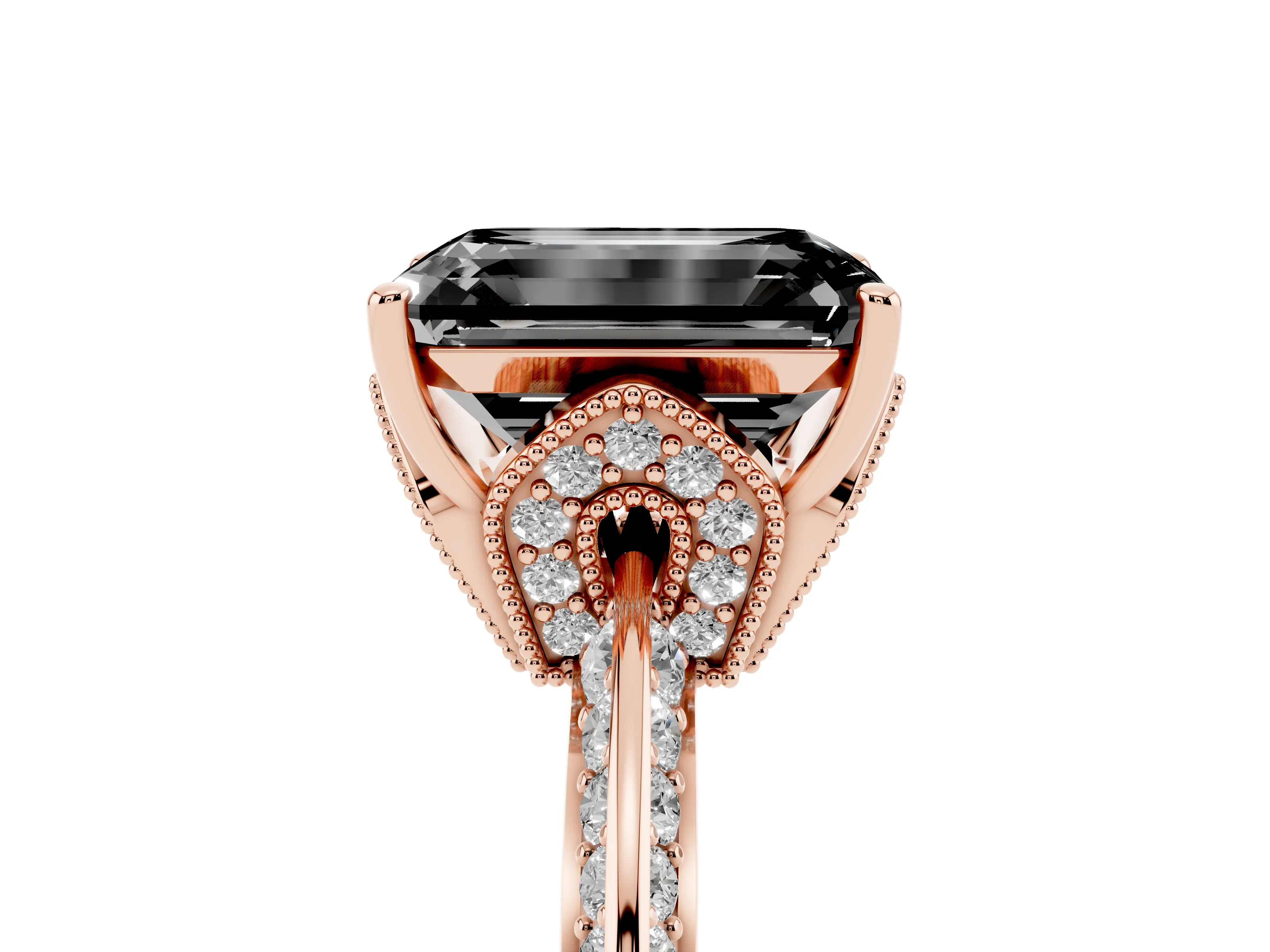 Fancy Black Emerald Cut Diamond Solitaire Engagement Ring Set in Rose gold with Pavé Split Shank and Prong Setting