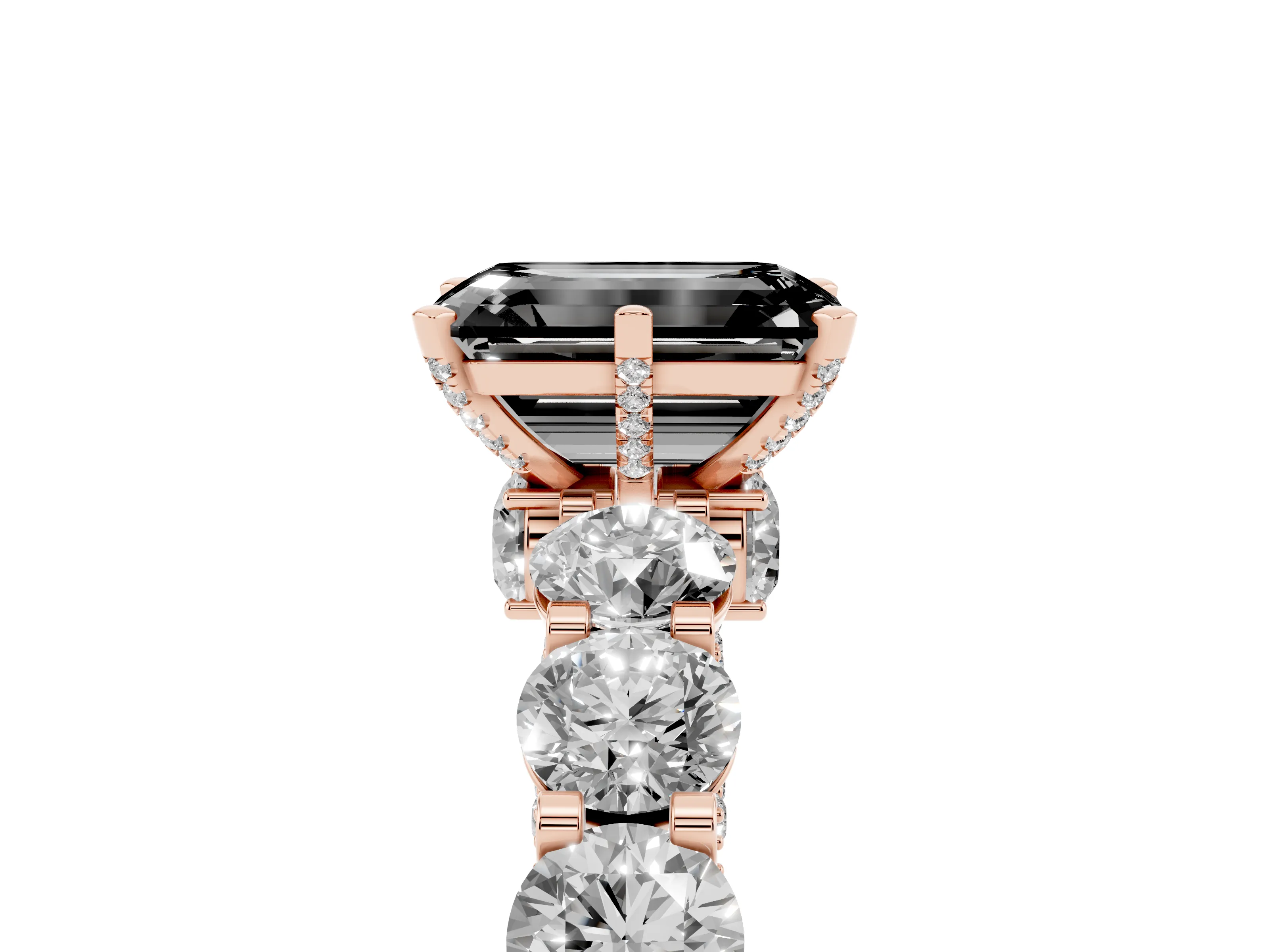 Fancy Black Emerald Cut Diamond Side Stone Ring Set in Rose gold with Alternating Round and Oval Side Stones