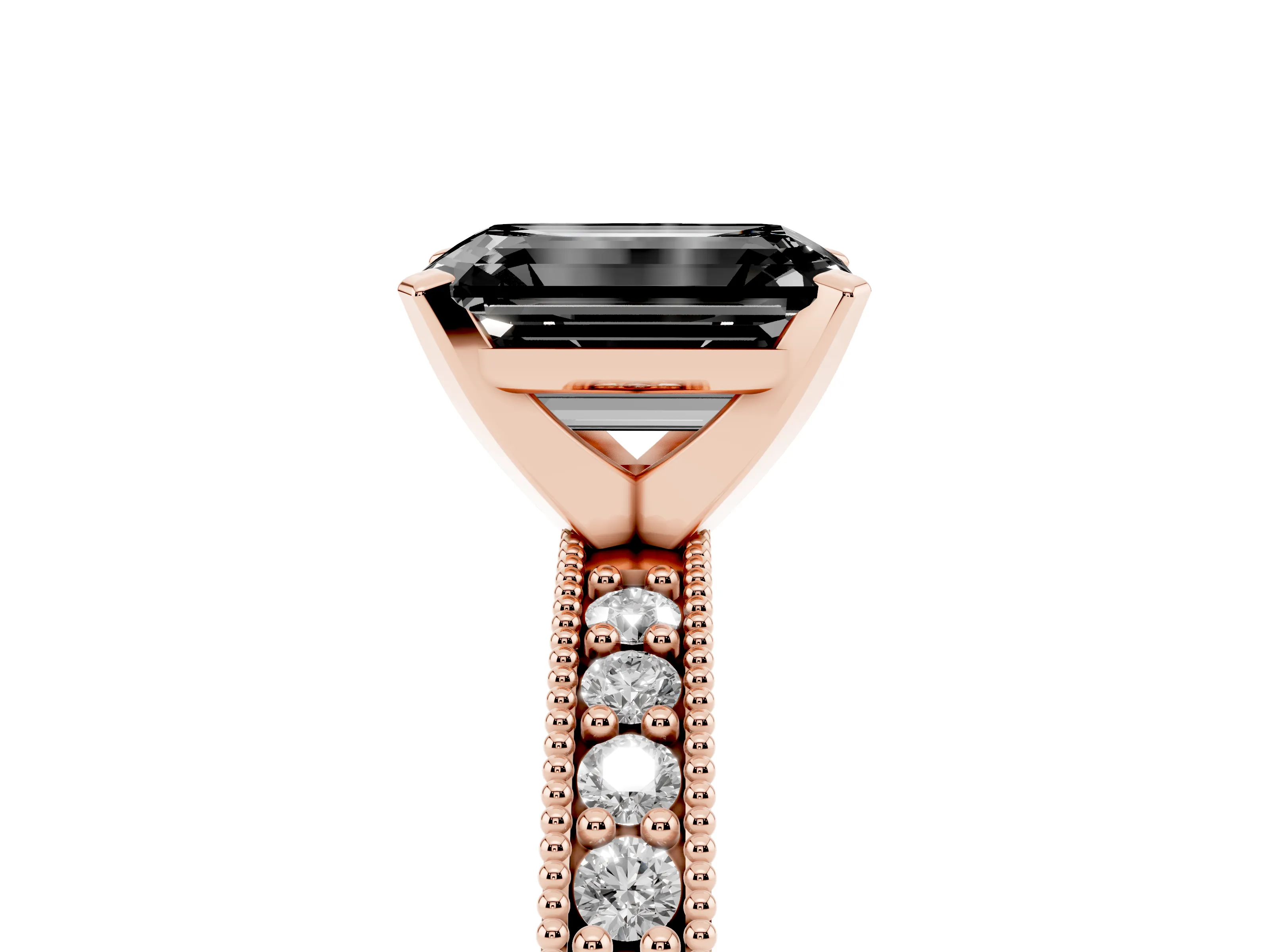 Fancy Black Emerald Cut Diamond Milgrain Pavé Engagement Ring Set in Rose gold with Prong Setting