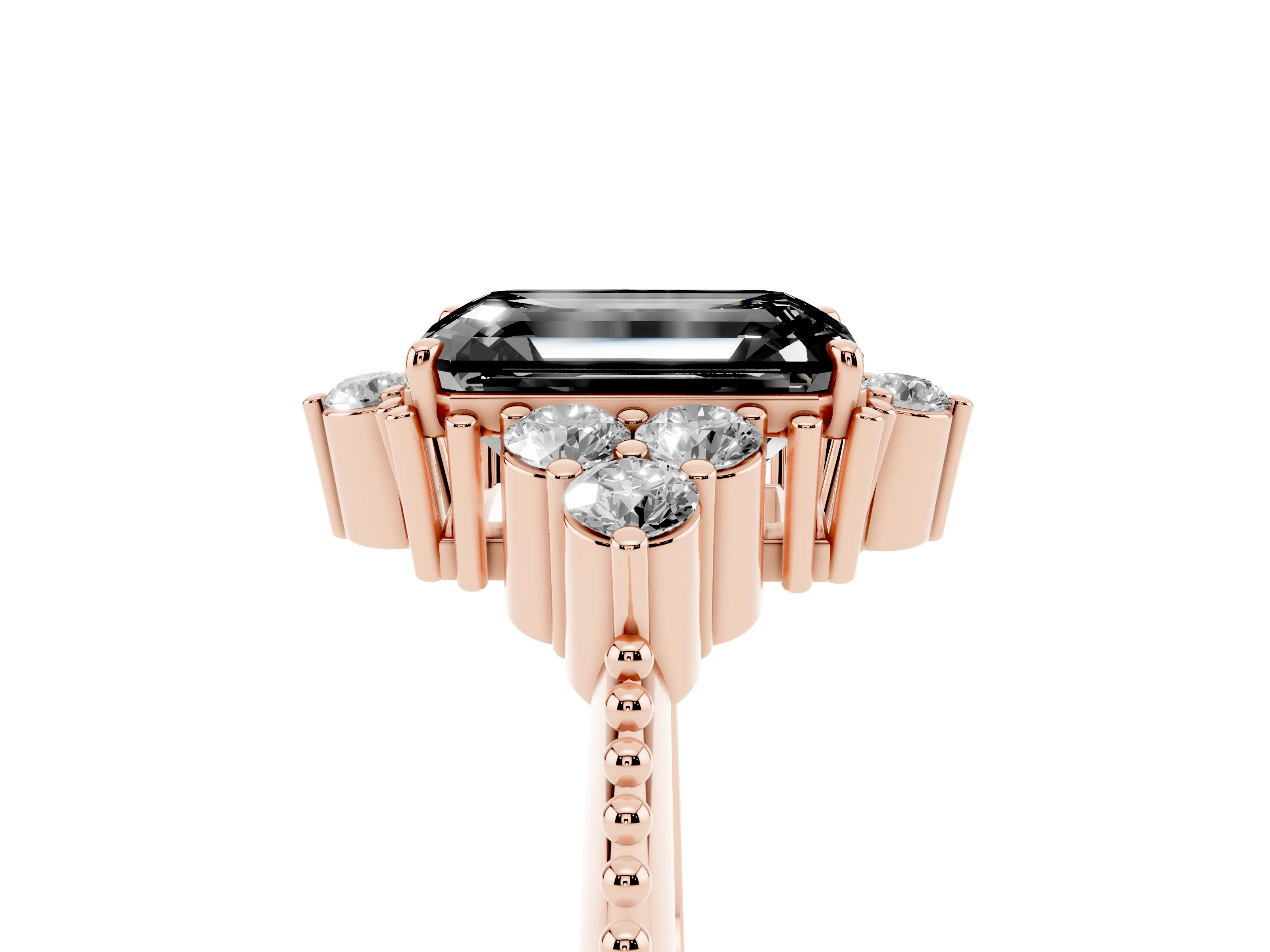 Fancy Black Emerald Cut Diamond Cluster Ring Set in Rose gold with Beaded Band