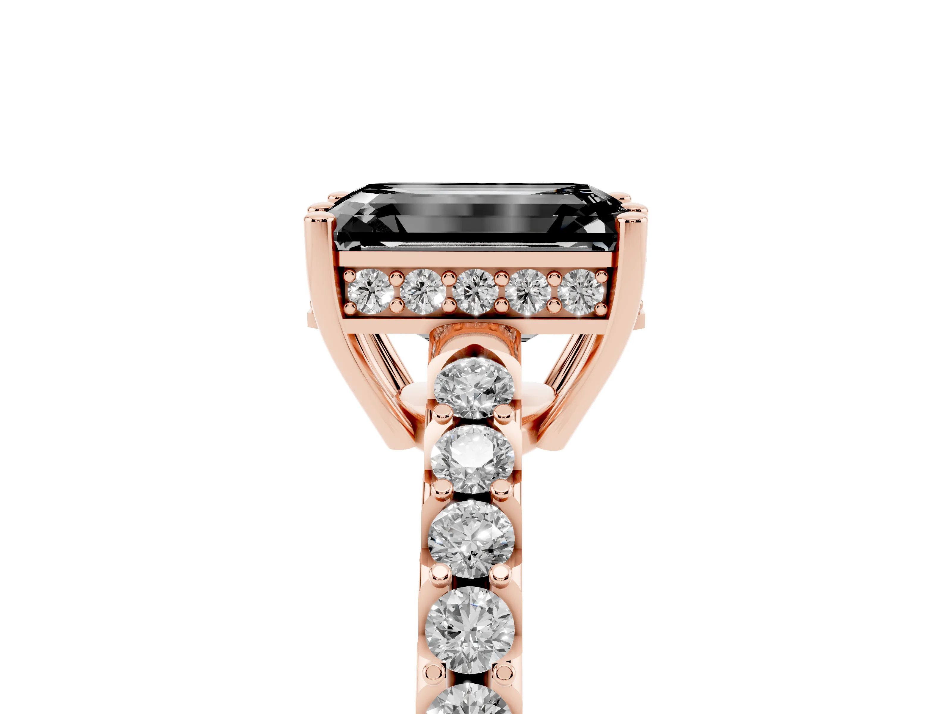 Fancy Black Emerald Cut Diamond Solitaire Engagement Ring Set in Rose gold with Pavé Band and Prong Setting