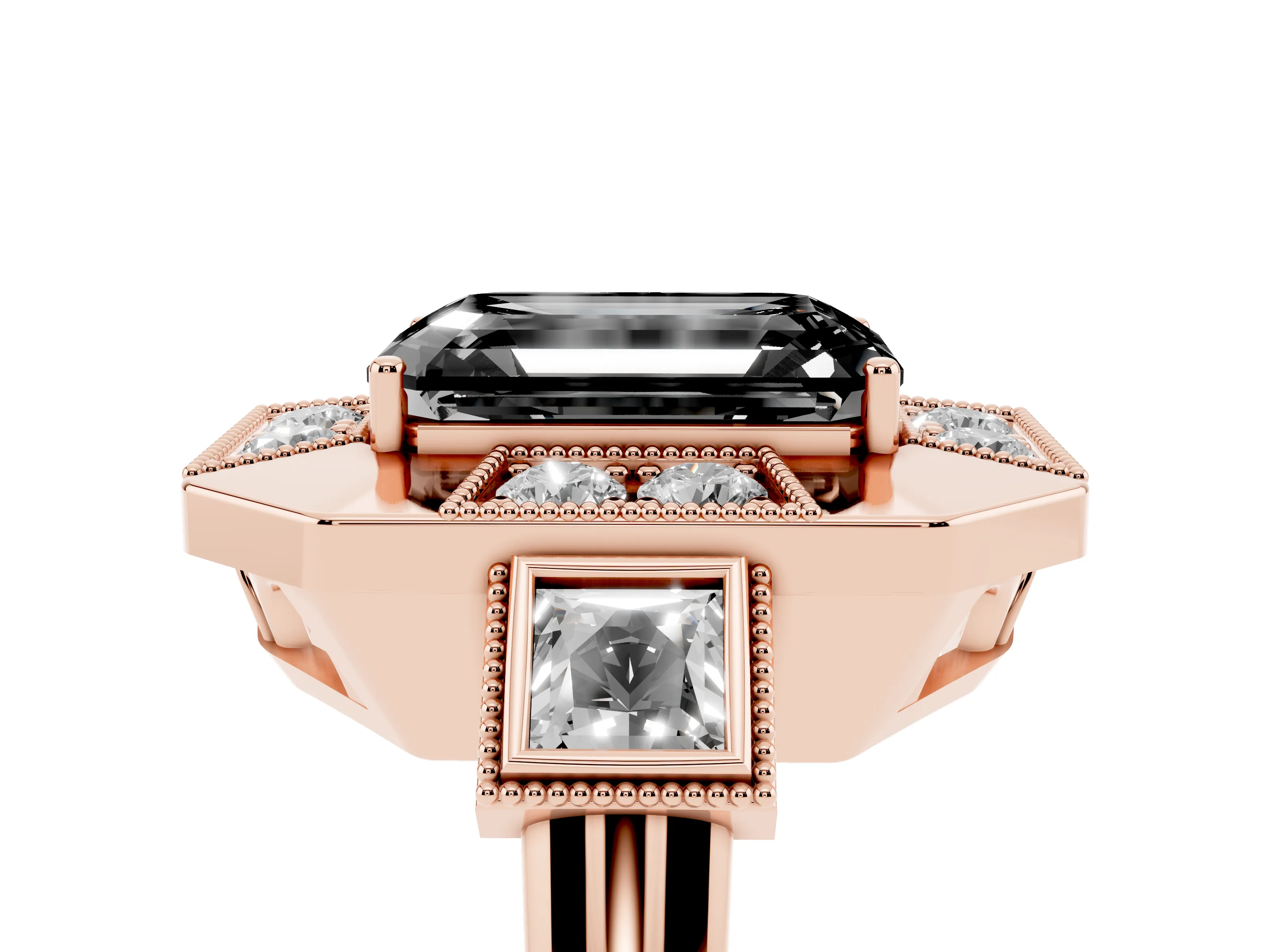Fancy Black Emerald Cut Diamond Milgrain Halo Ring Set in Rose gold with Split Shank