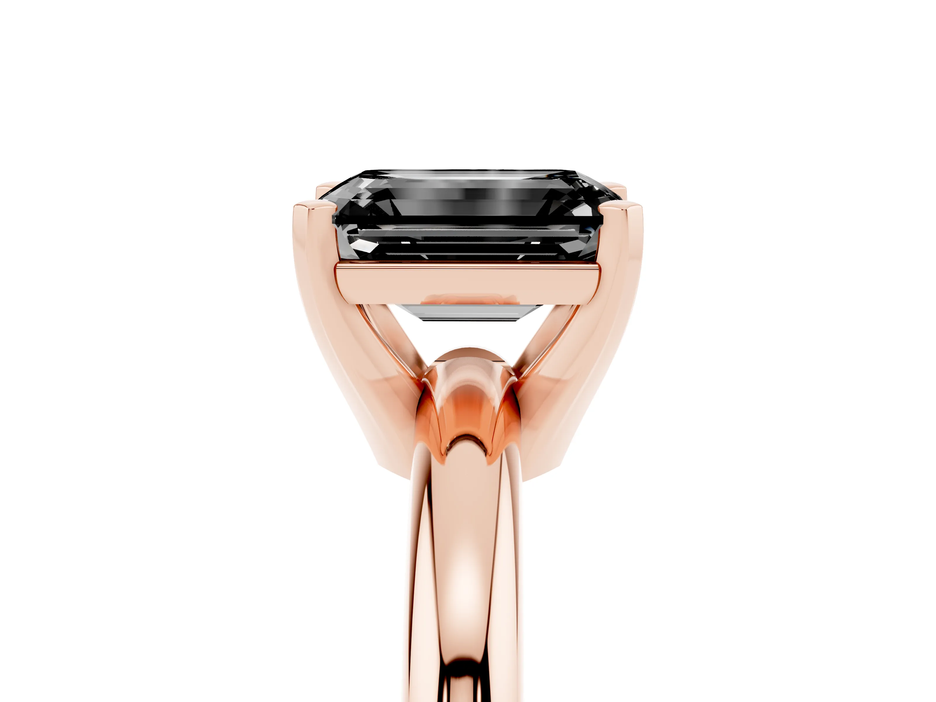 Fancy Black Emerald Cut Diamond Solitaire Engagement Ring Set in Rose gold with Round Band and Prong Setting