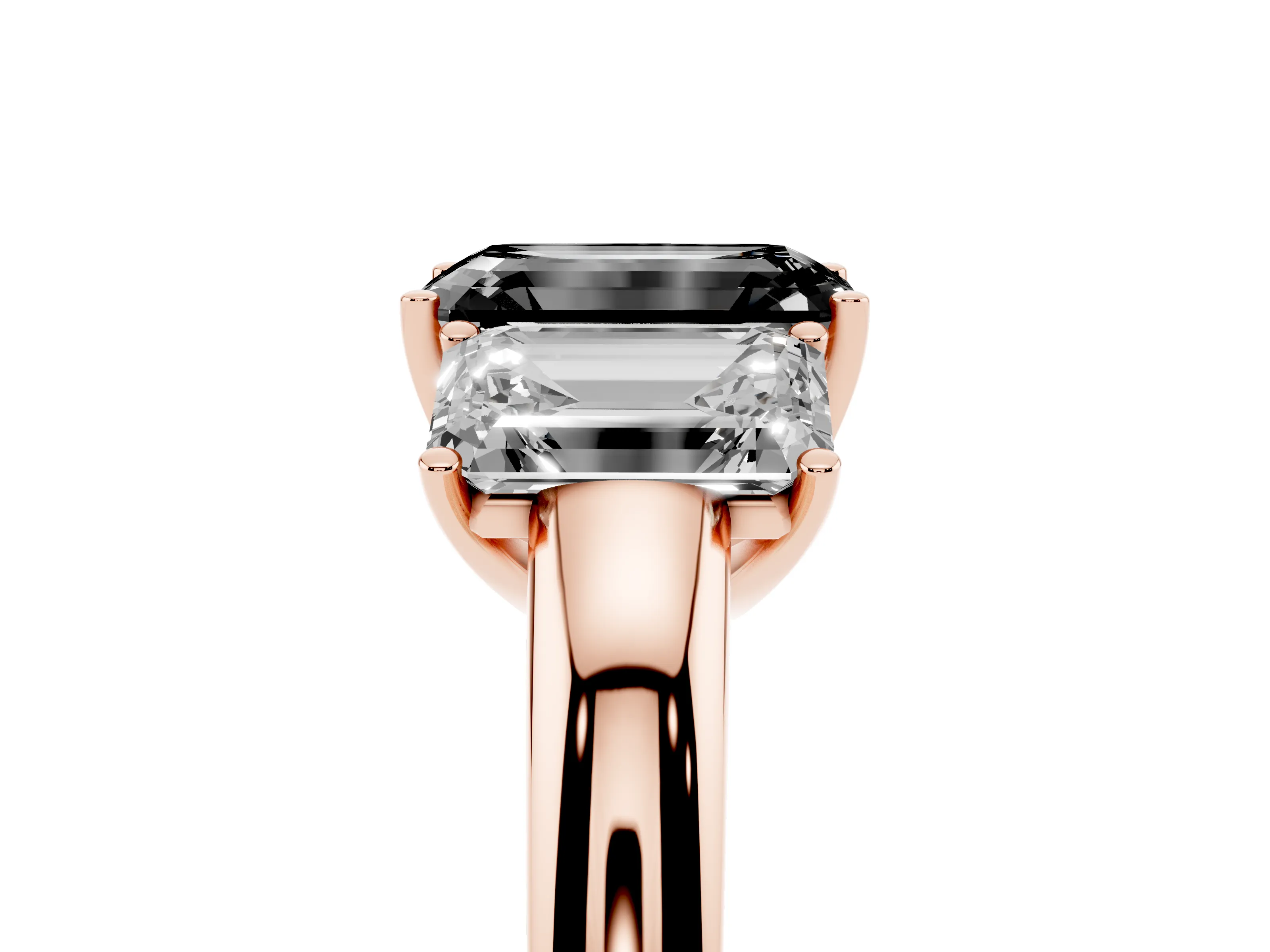 Fancy Black Emerald Cut Diamond Three-Stone Ring Set in Rose gold with Bold Center and Classic Band