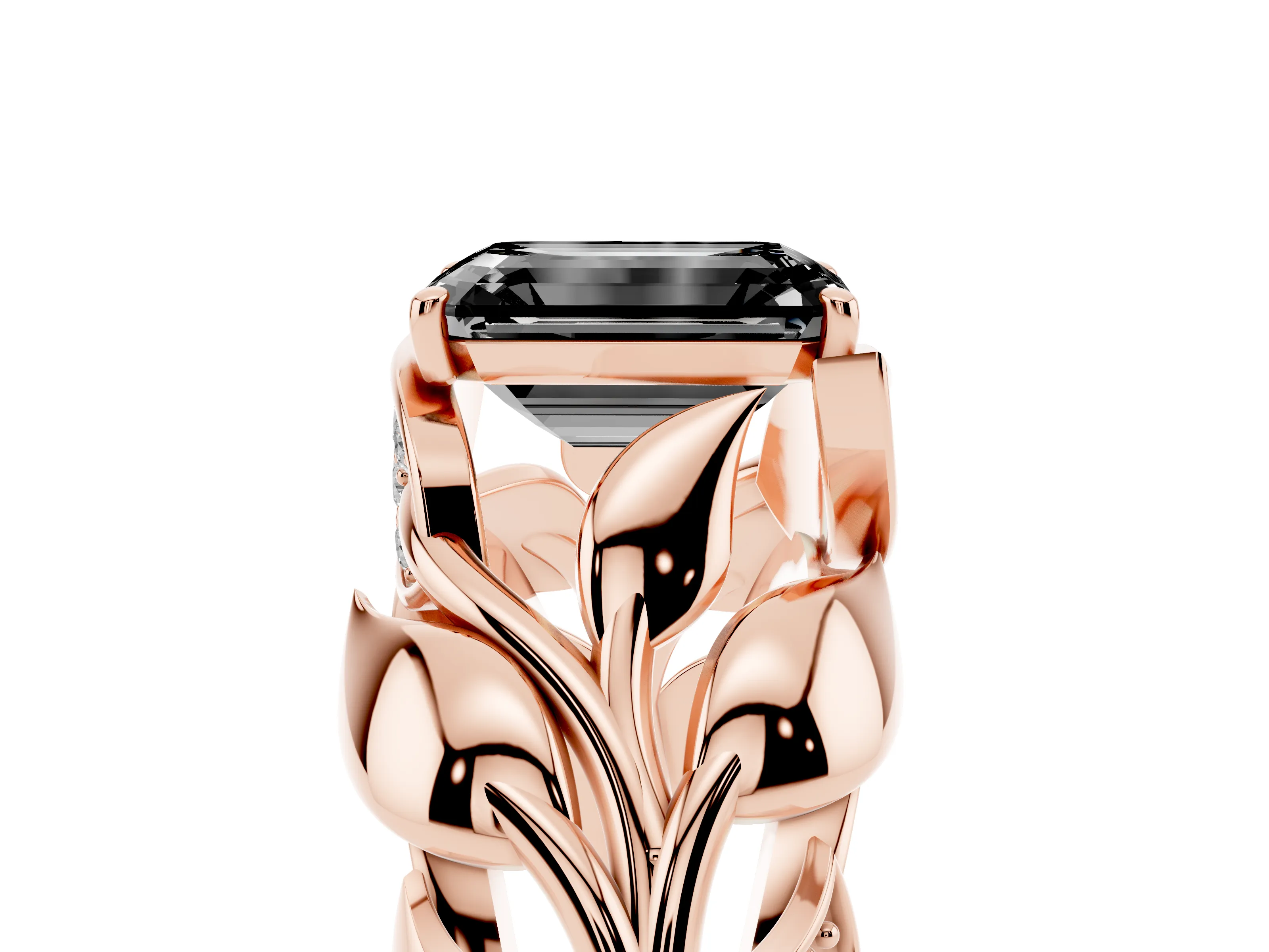Fancy Black Emerald Cut Diamond Leaf-Inspired Engagement Ring Set in Rose gold with Round Accents