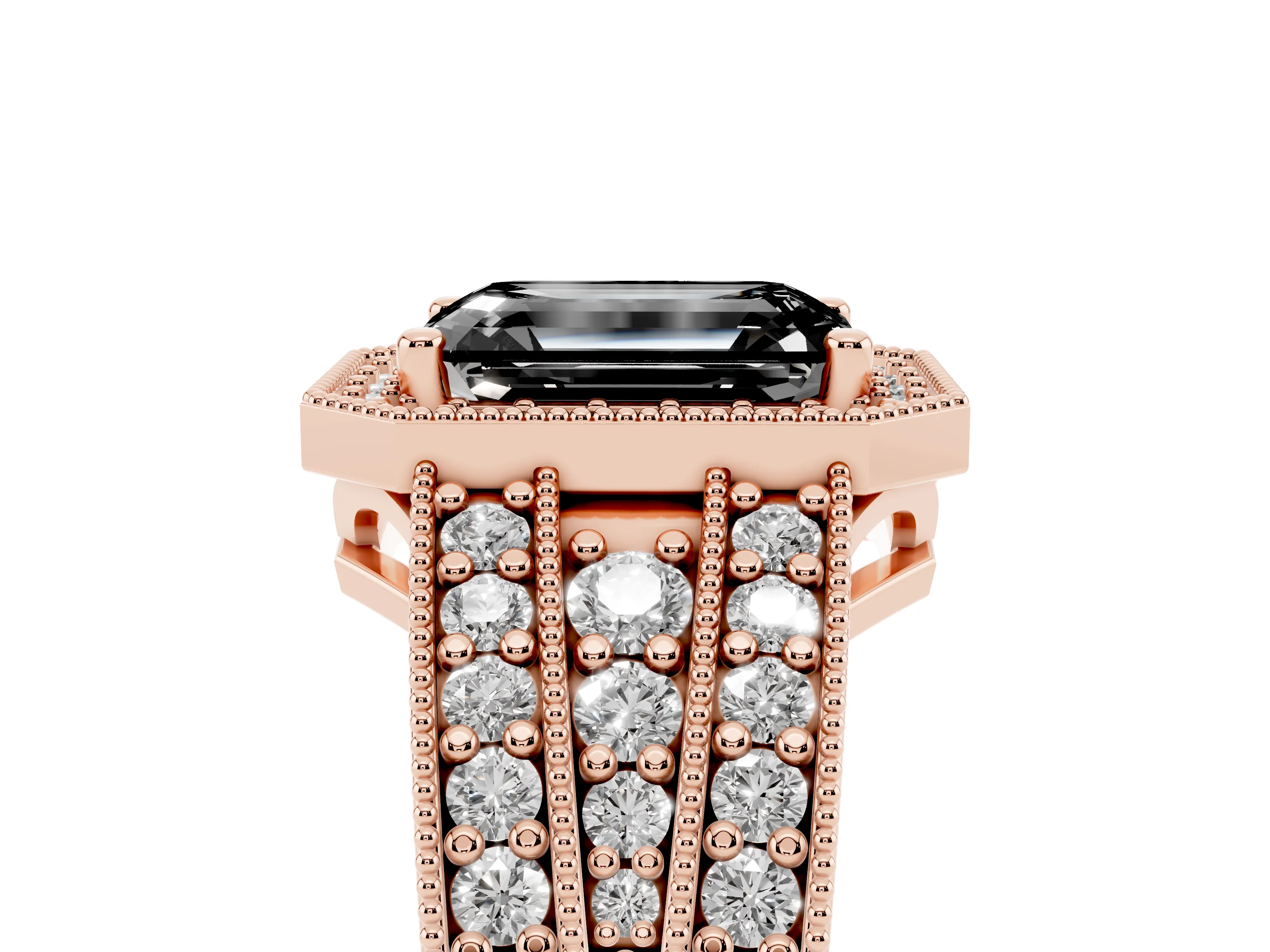 Fancy Black Emerald Cut Diamond Halo Ring Set in Rose gold with Accent Split Shank and Prong Setting