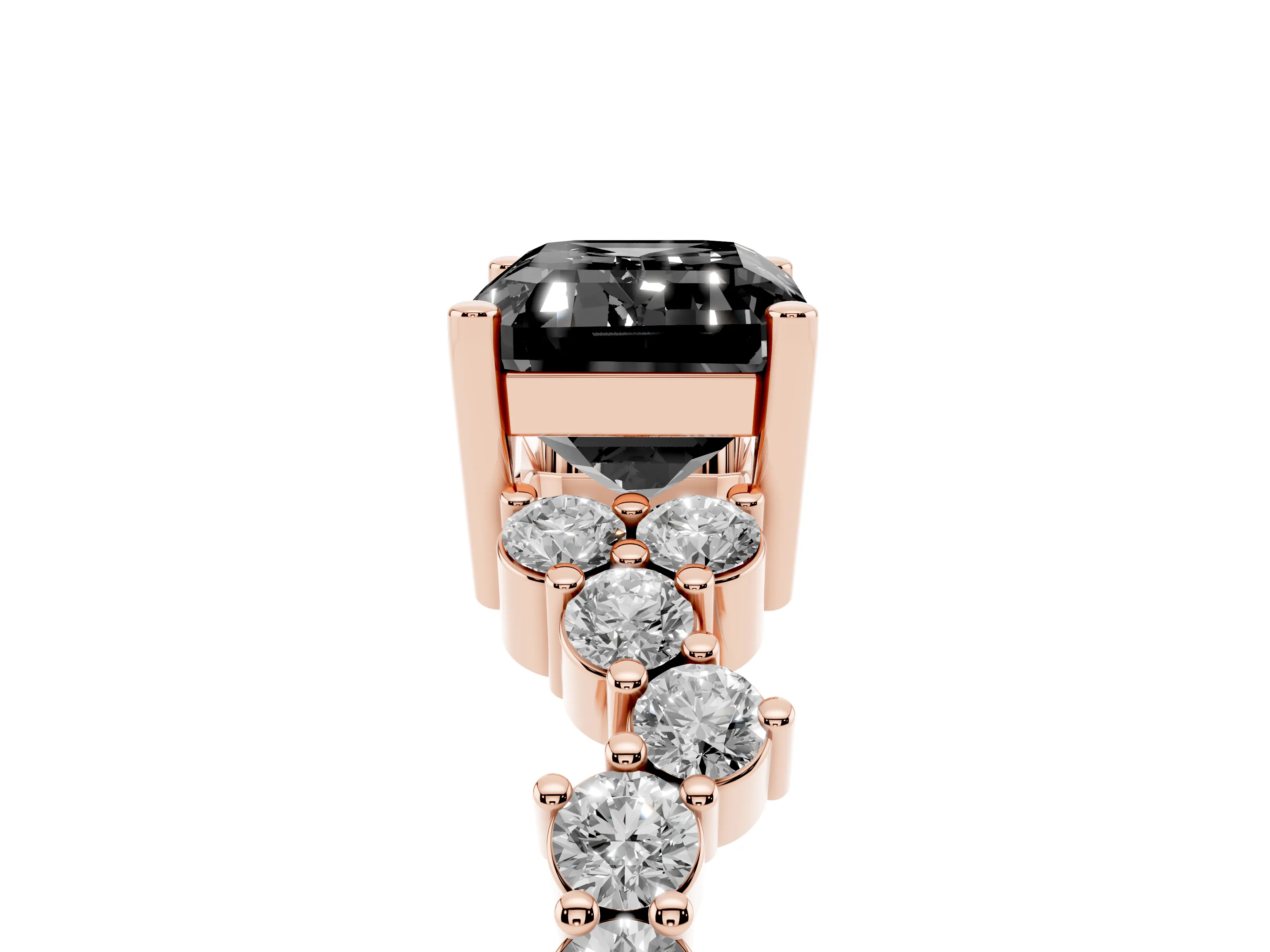 Fancy Black Emerald Cut Diamond Ring Set in Rose gold with Scattered Round Accents