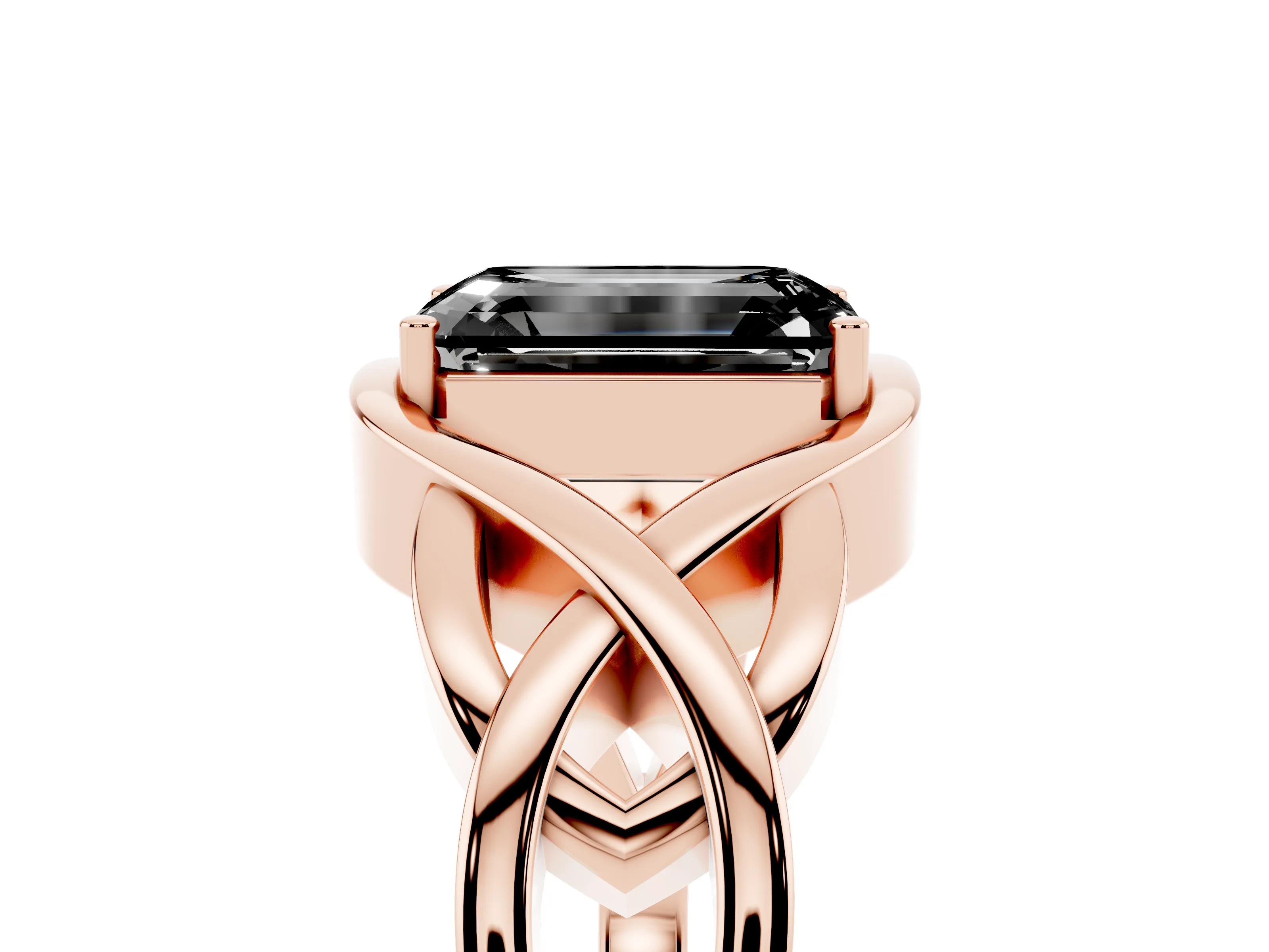 Fancy Black Emerald Cut Diamond Solitaire Ring Set in Rose gold with Intertwined Band