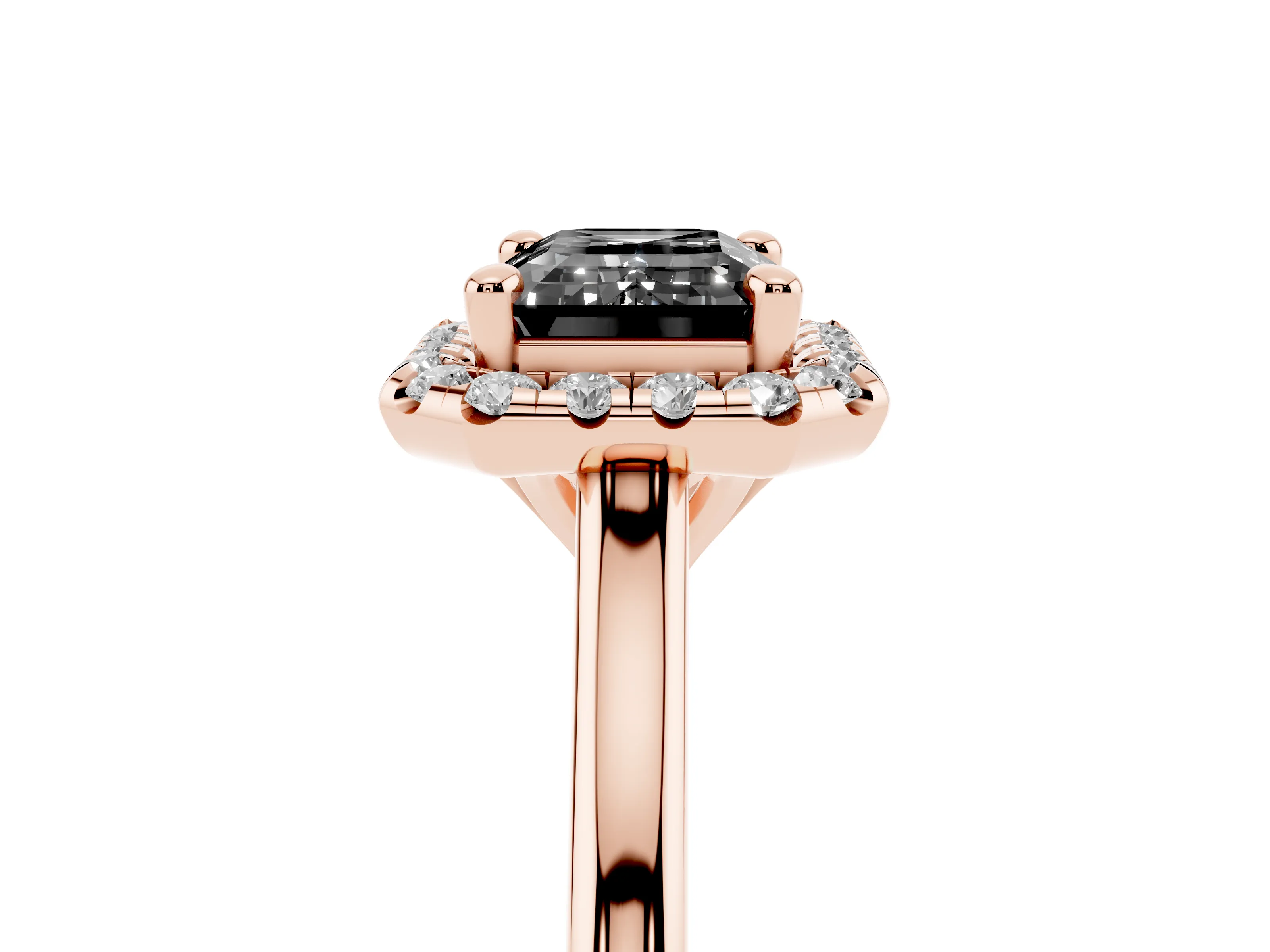 Fancy Black Emerald Cut Diamond Halo Engagement Ring Set in Rose gold with Pavé Band and Rising Shoulders