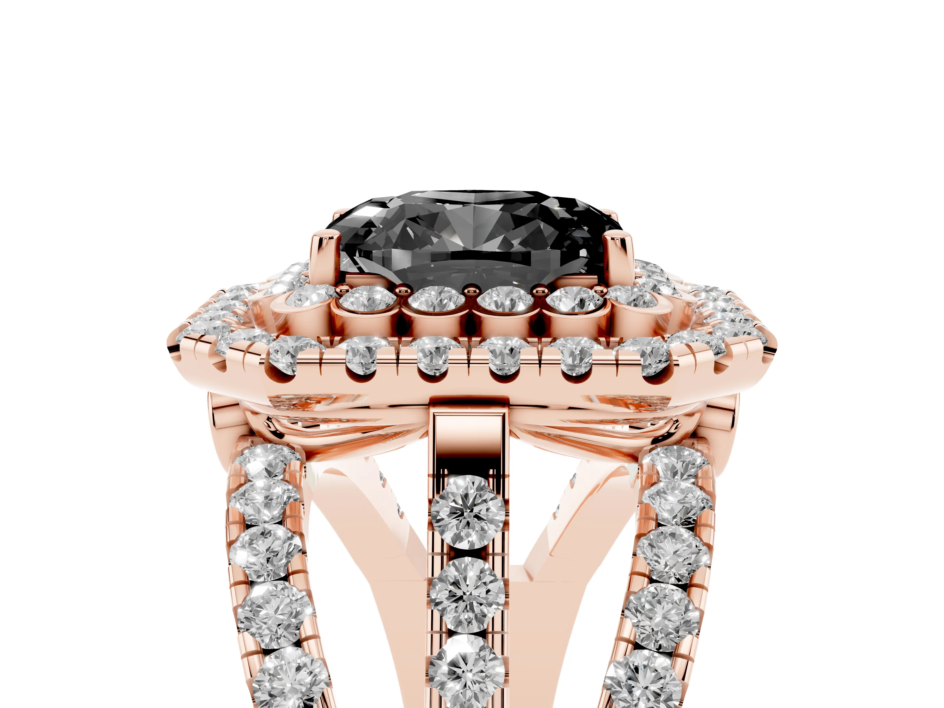 Fancy Black Emerald Cut Diamond Double Halo Ring Set in Rose gold with Round Pavé Split Shank