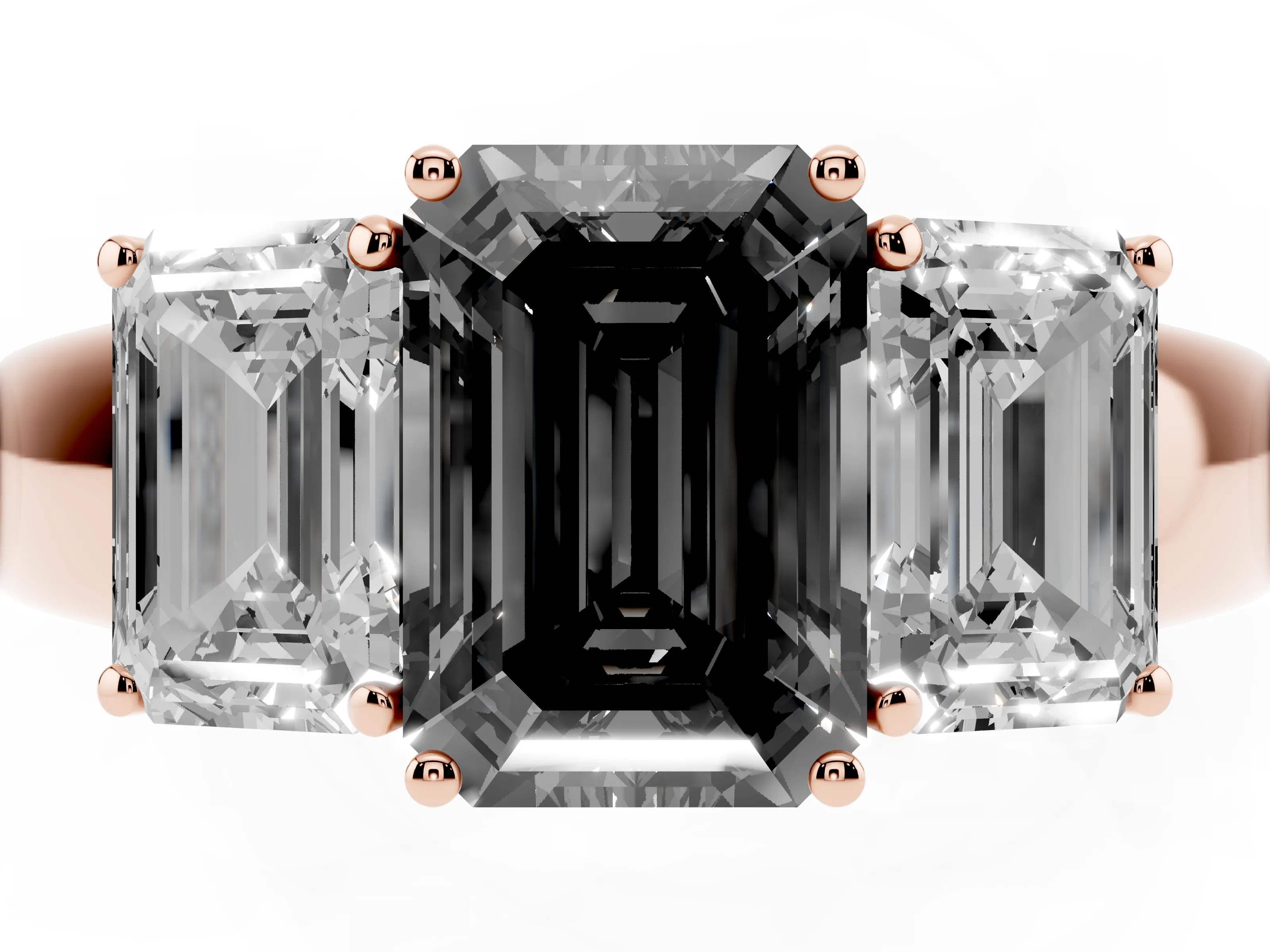 Fancy Black Three-Stone Emerald Cut Diamond Ring Set in Rose gold with Matching Prong Settings and Plain Band