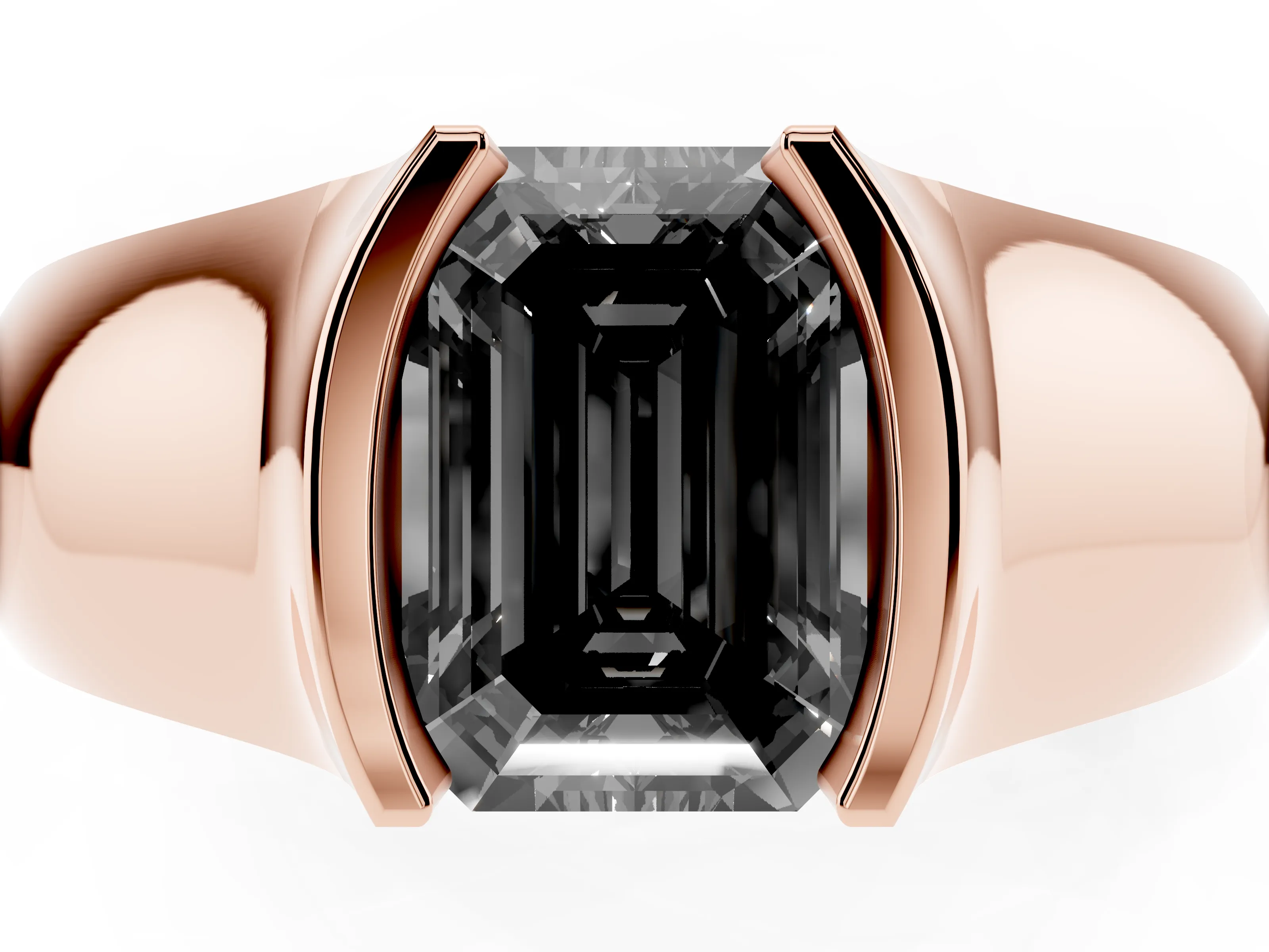Fancy Black Emerald Cut Diamond Bezel Solitaire Ring Set in Rose gold with Wide Band