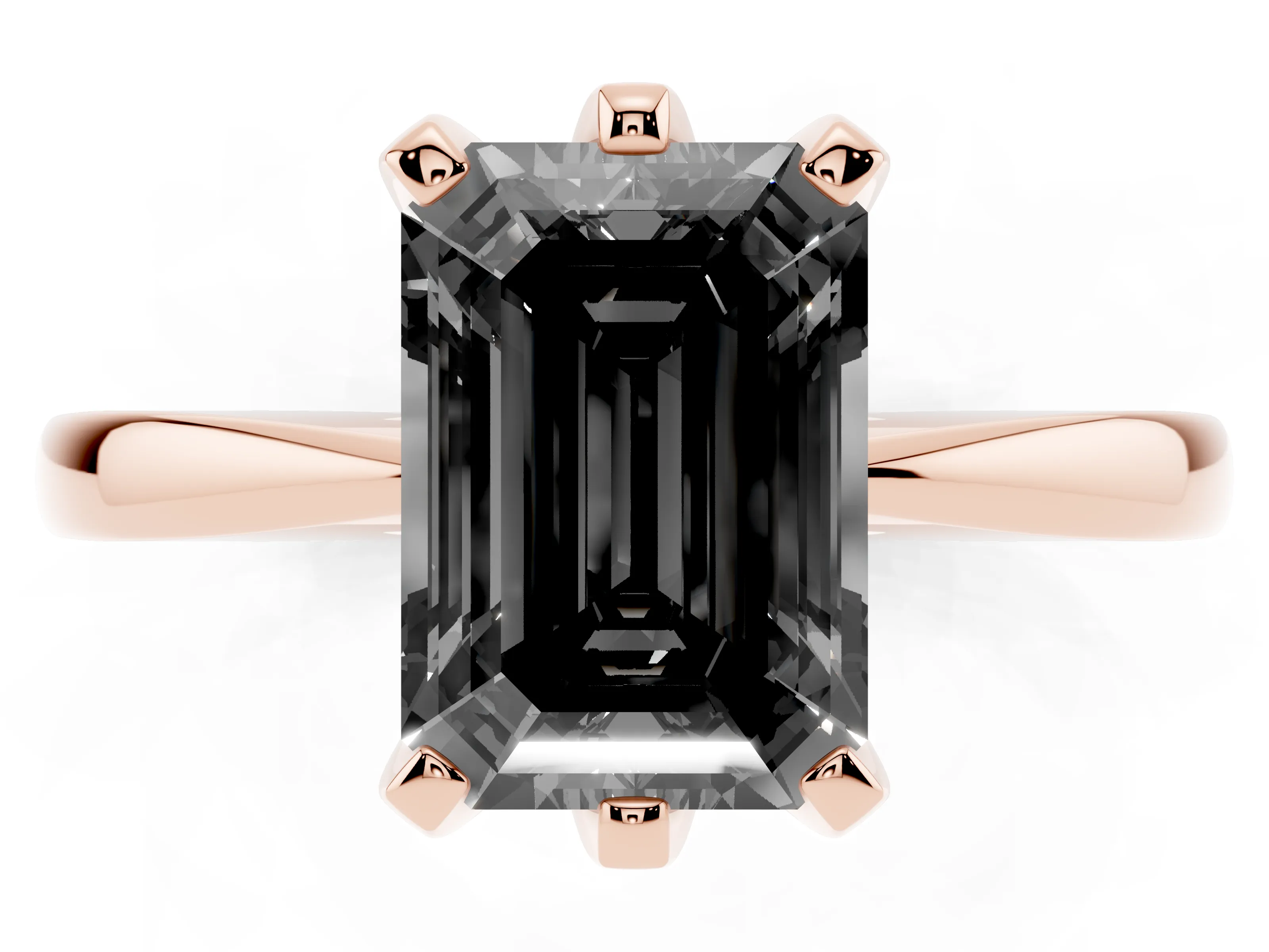 Fancy Black Emerald Cut Diamond Solitaire Engagement Ring Set in Rose gold with Slim Tapered Solitaire Band