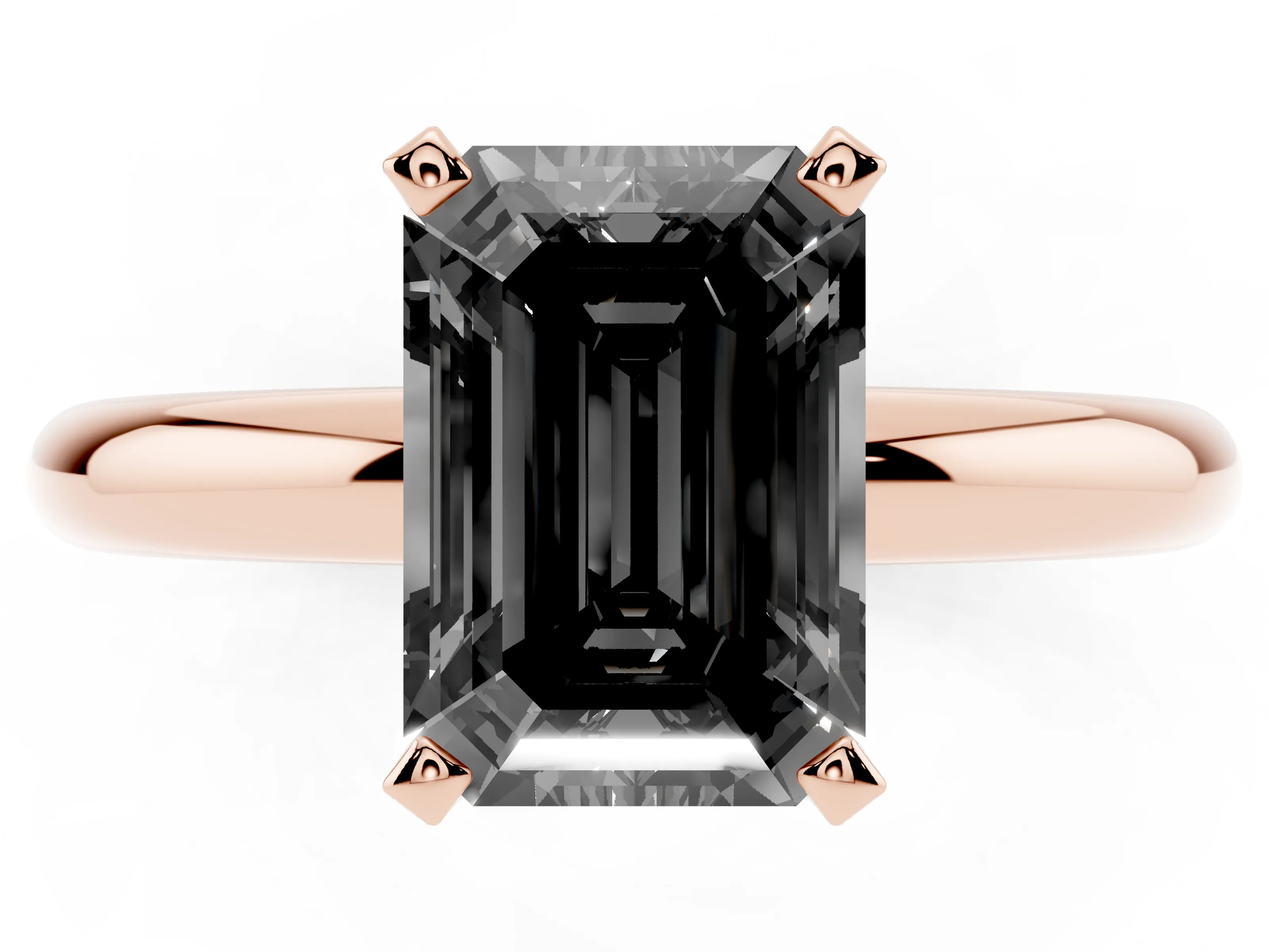 Fancy Black Emerald Cut Diamond Solitaire Engagement Ring Set in Rose gold with Round Band and Prong Setting