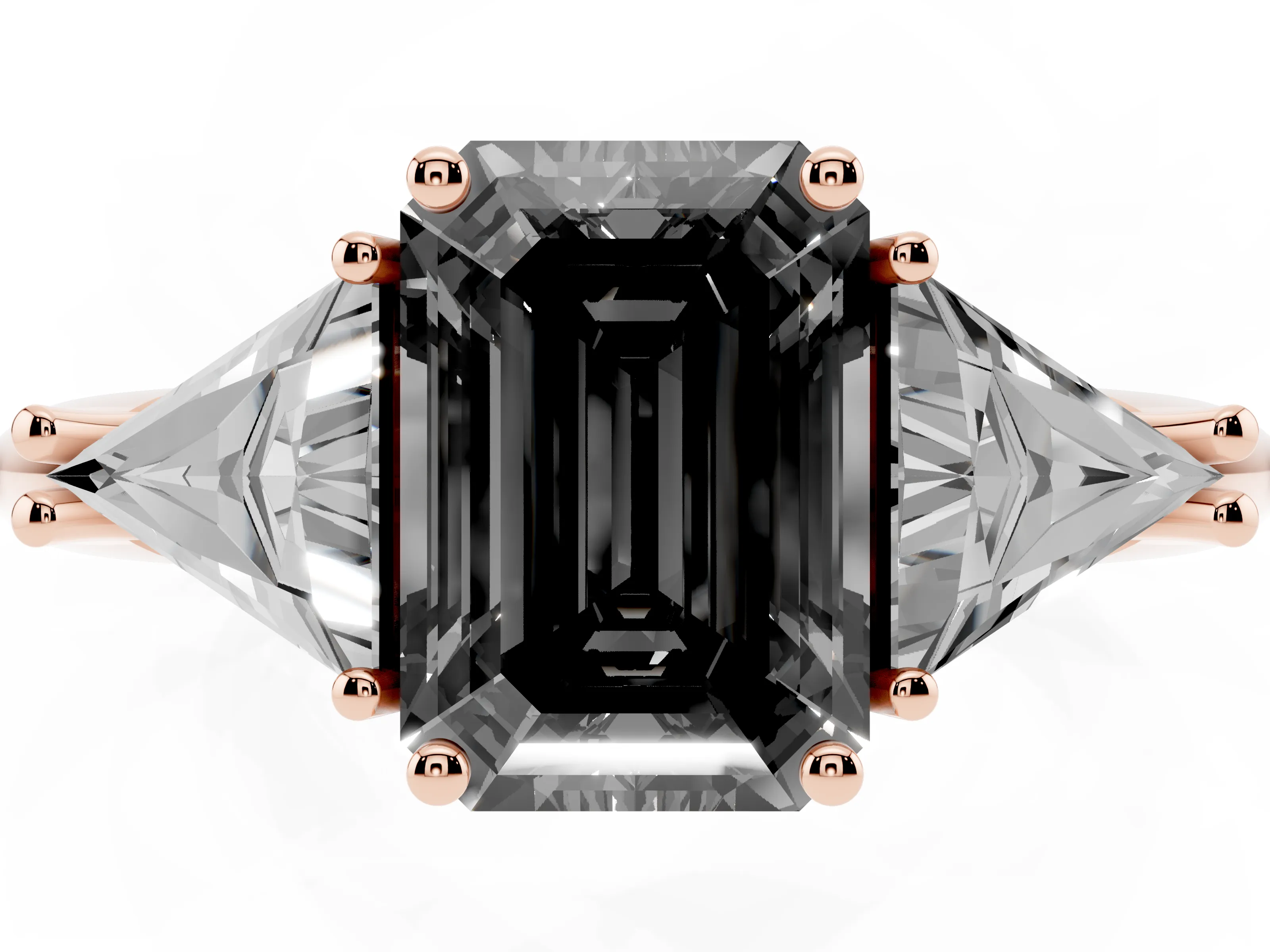 Fancy Black Emerald Cut Diamond Three-Stone Engagement Ring Set in Rose gold with Trillion Side Stones