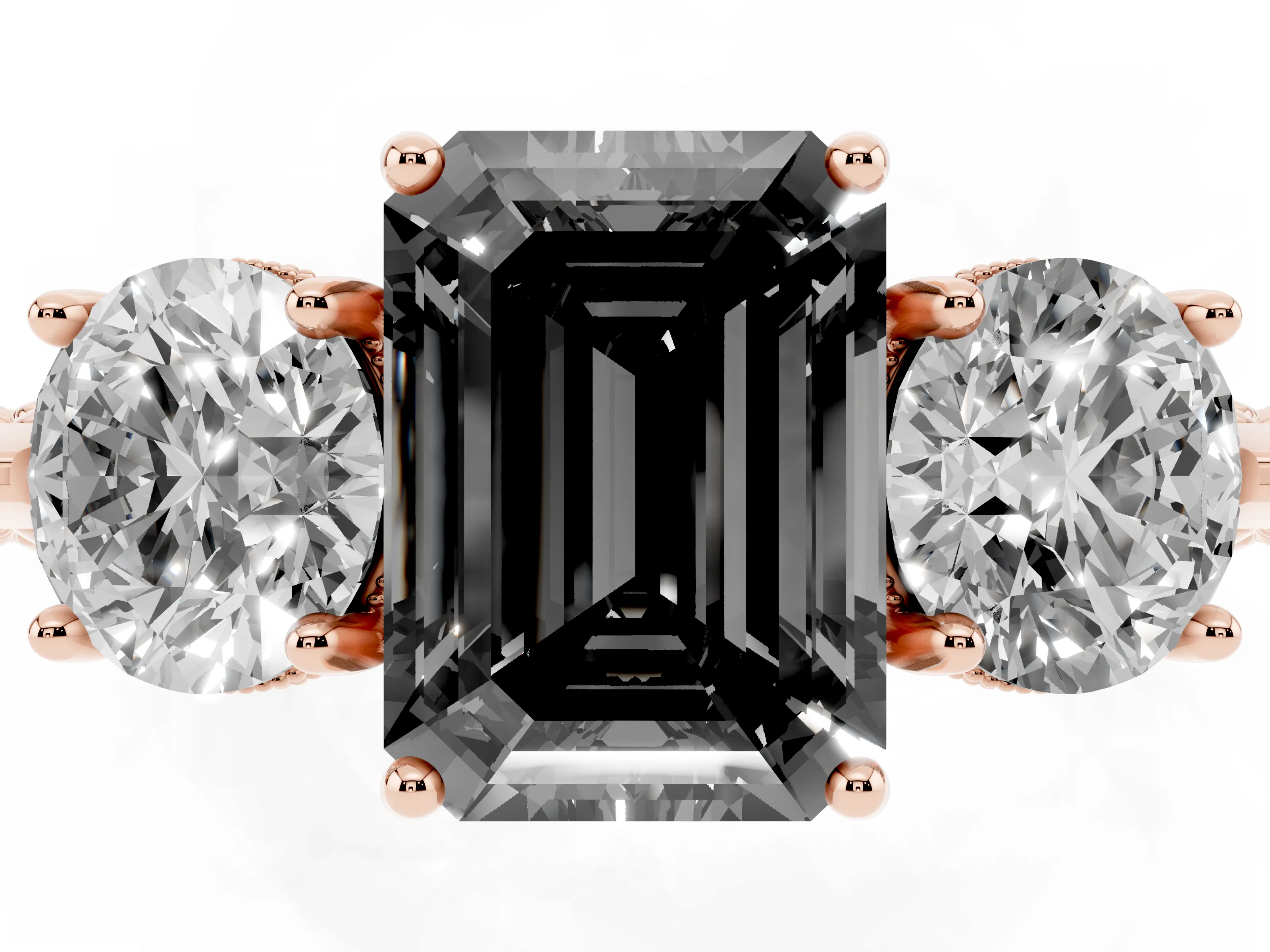 Fancy Black Emerald Cut Diamond Three-Stone Ring Set in Rose gold with Milgrain Band