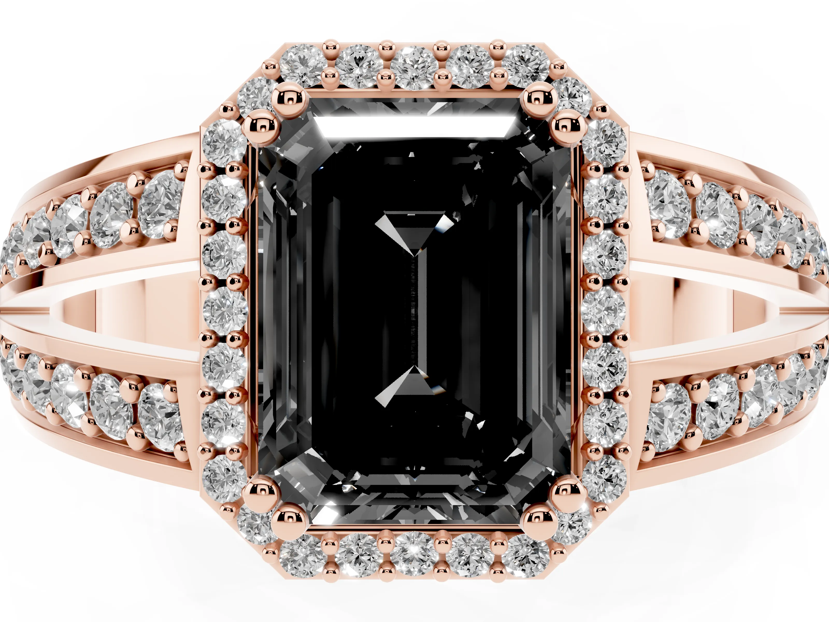 Fancy Black Emerald Cut Diamond Halo Ring Set in Rose gold with Double Pavé Split Shank
