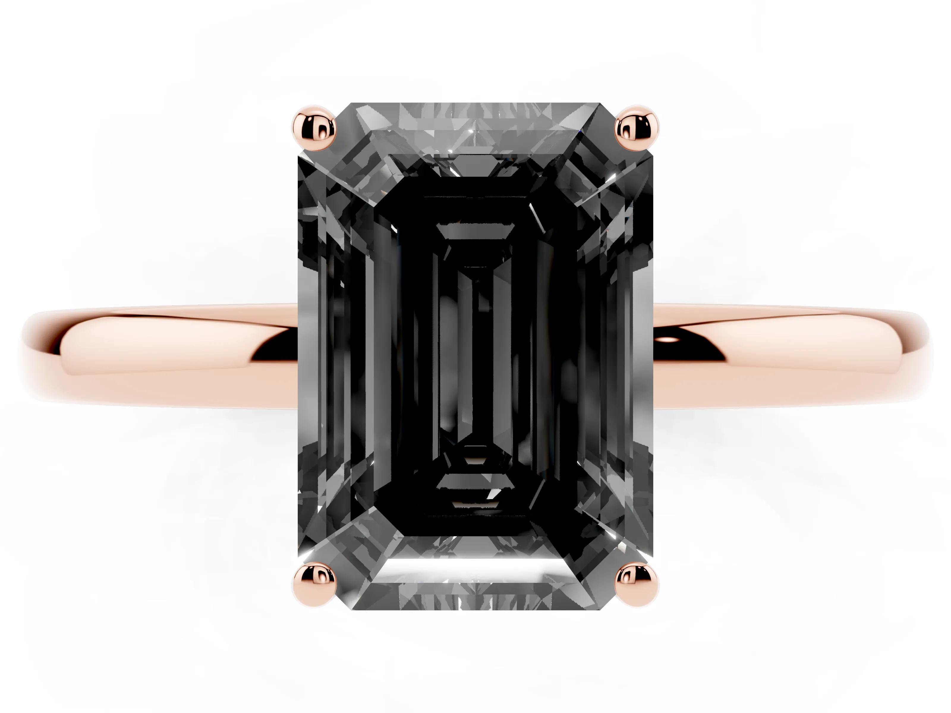 Fancy Black Emerald Cut Diamond Solitaire Ring Set in Rose gold with Plain Band and Prong Setting