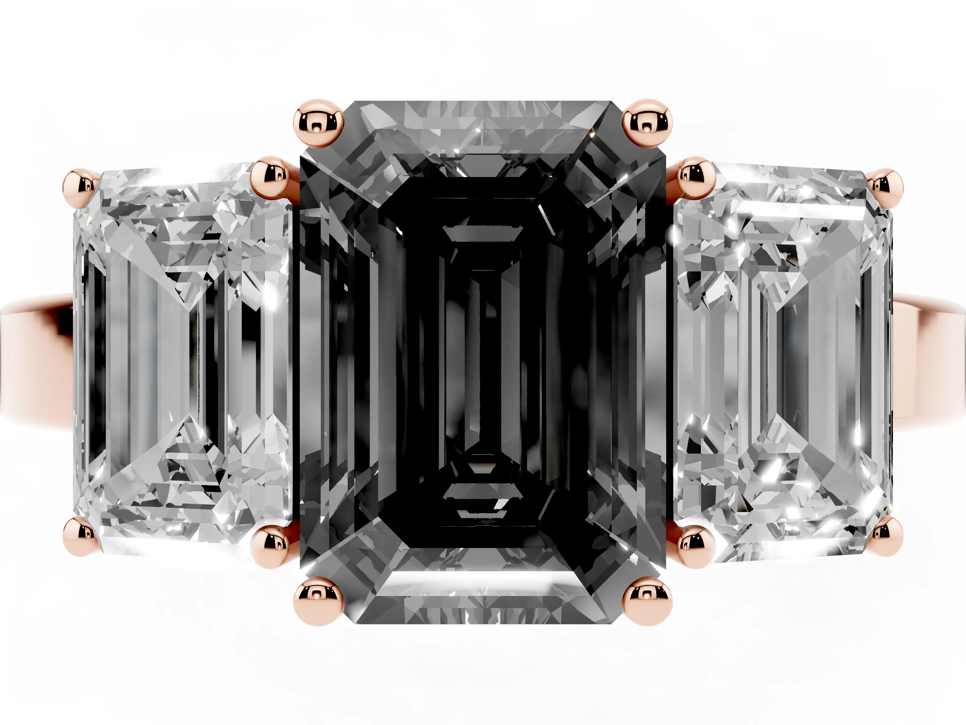 Fancy Black Emerald Cut Diamond Three-Stone Engagement Ring Set in Rose gold with Flat Band